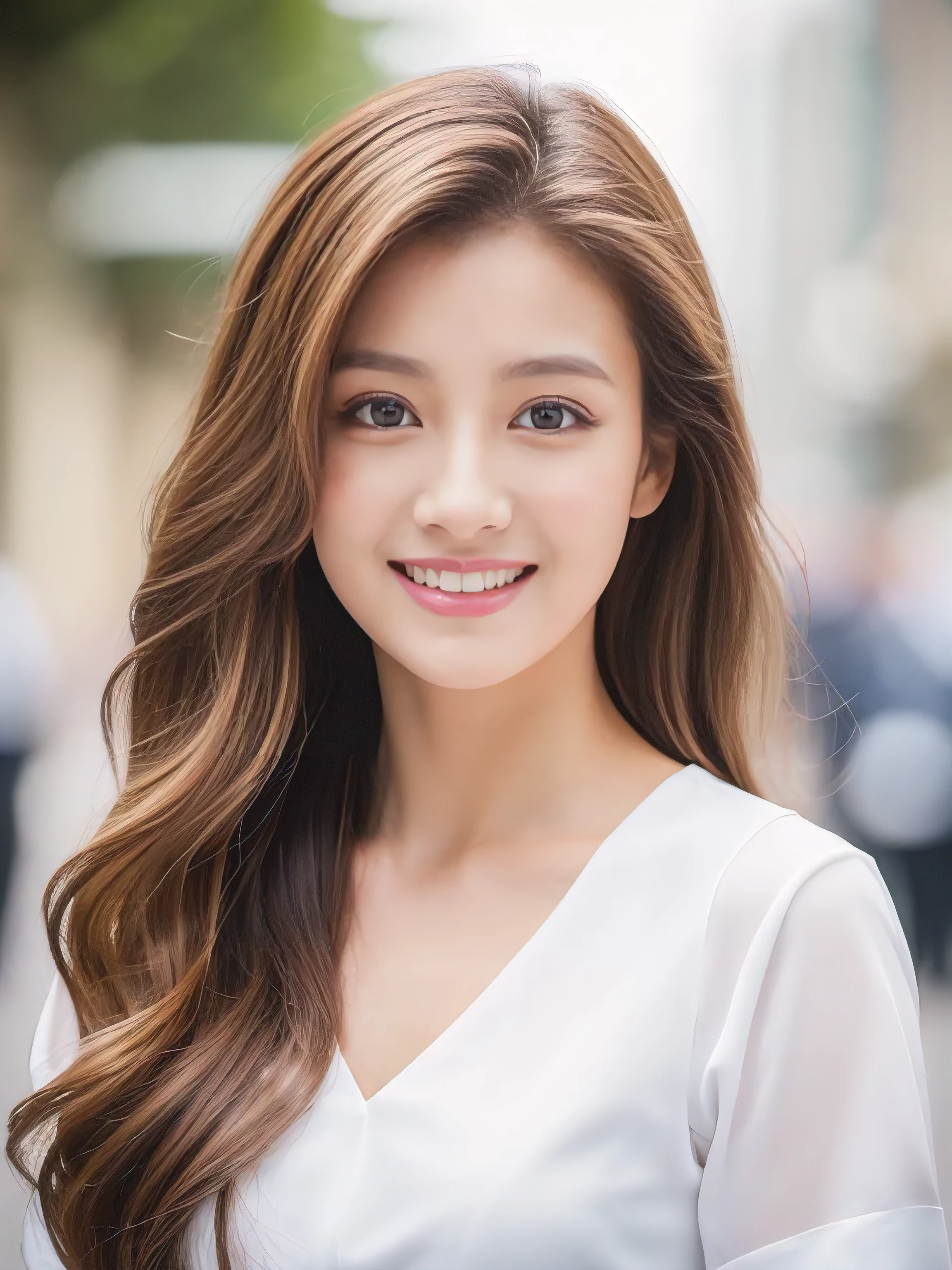 ((Highest quality, 8K, masterpiece: 1.3)), 1 Girl, smile, whole body, Slim face, Beautiful woman, ((Extra long brown hair:1.2))、White crisp shirt at upper body, The lower half is a red tweed skirt, High heels, Highly detailed face, Fine grain, double eyelid, Blurred Background, Slim face, skyscraper, West Shot,