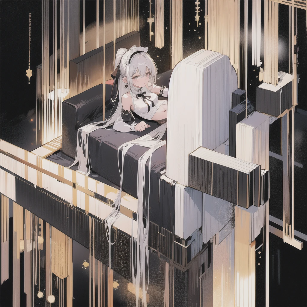 Sexy and glamorous woman、Gray eyes、Gray Hair、Long Hair、ponytail、Black Ribbon、White skin、Exposed chest、Waist exposed、See-through black clothes、Navel exposure、Transparent and sexy knee-high socks、Looking up、bed、Mystical effects、night、Maid
