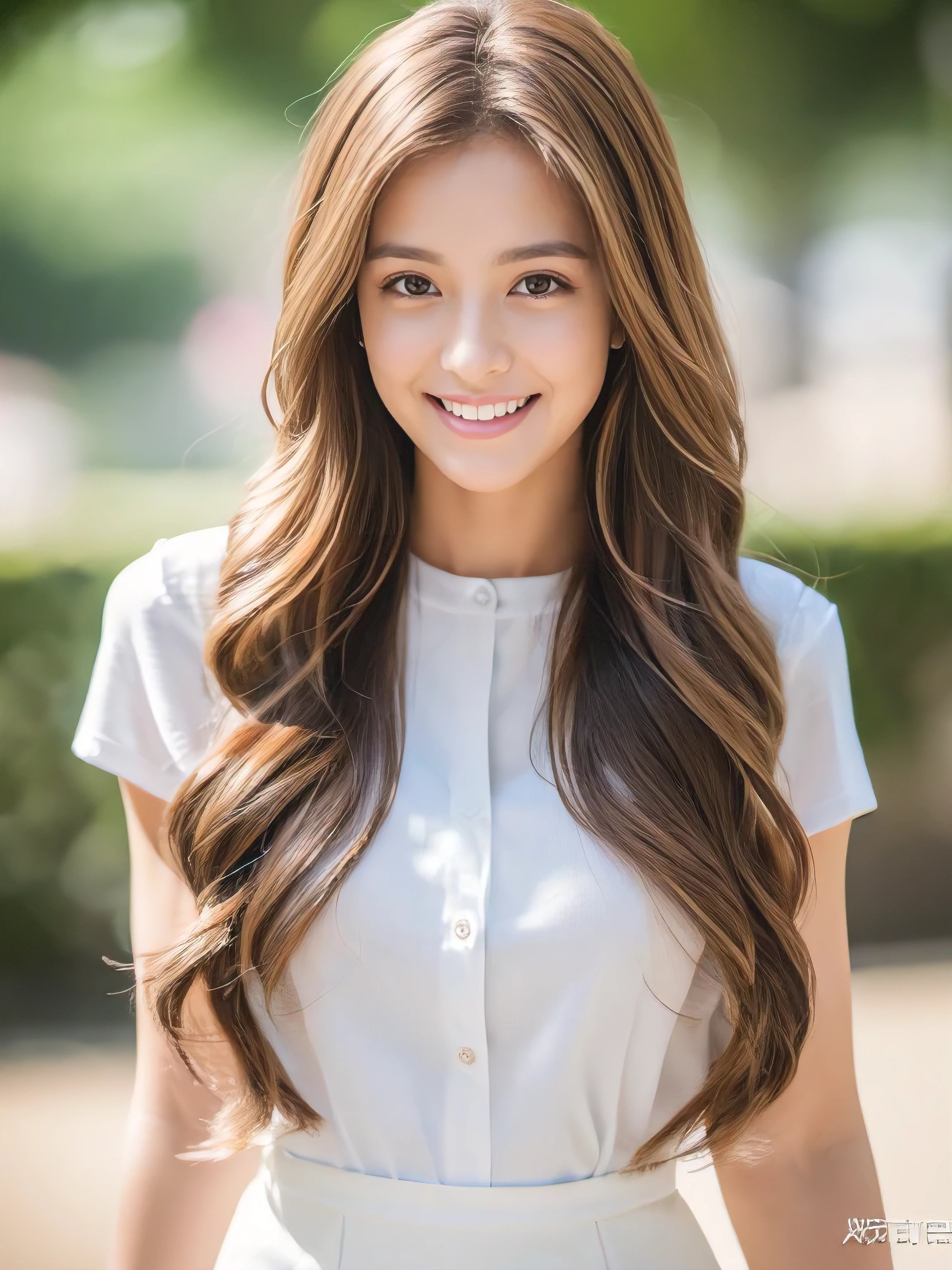 ((Highest quality, 8K, masterpiece: 1.3)), 1 Girl, smile, whole body, Slim face, Beautiful woman, ((Extra long brown hair:1.2))、White crisp shirt at upper body, The lower half is a red tweed skirt, High heels, Highly detailed face, Fine grain, double eyelid, Blurred Background, Slim face, skyscraper, West Shot,