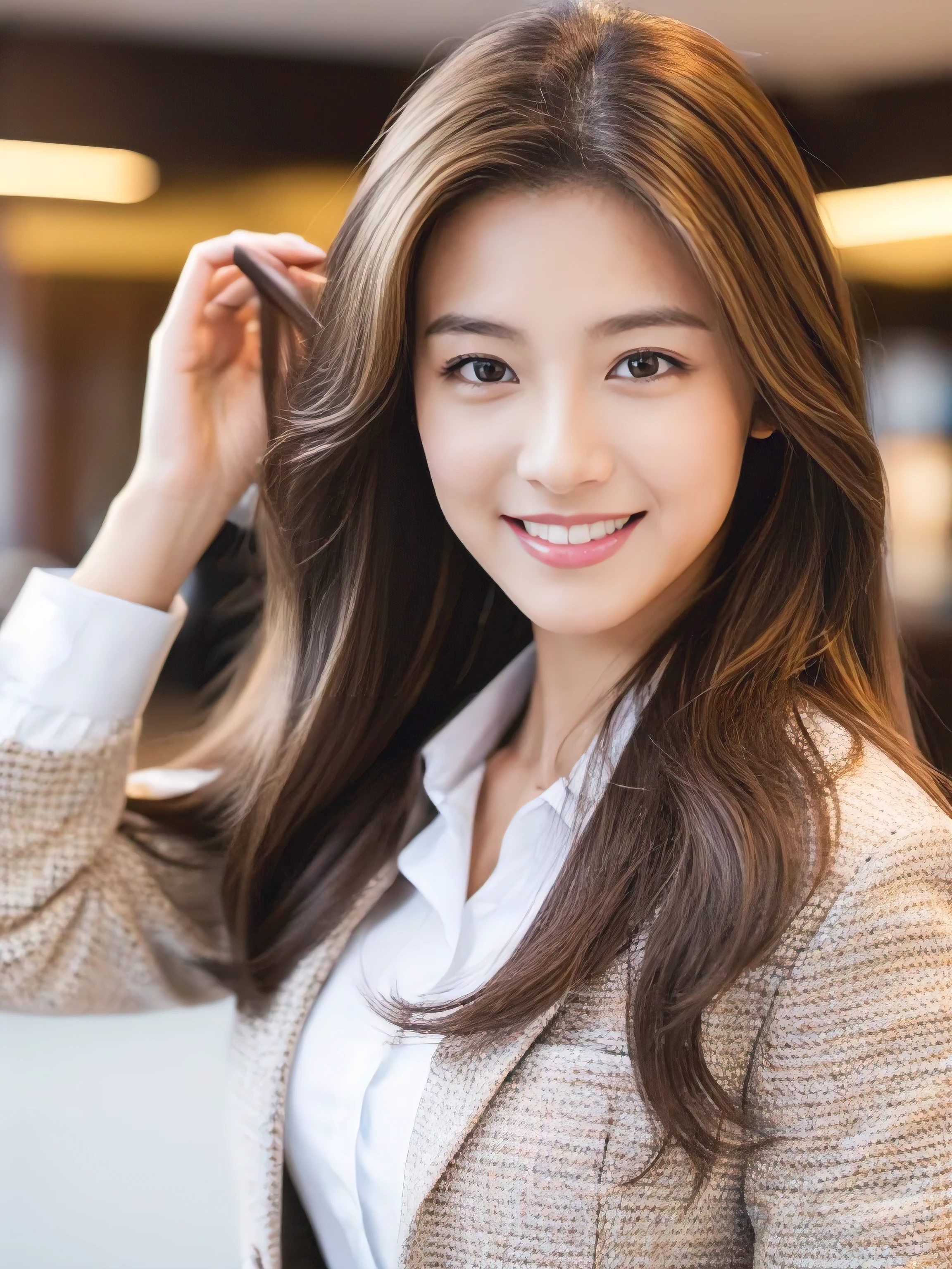 ((Highest quality, 8K, masterpiece: 1.3)), 1 Girl, smile, whole body, Slim face, Beautiful woman, ((Extra long brown hair:1.2))、White crisp shirt at upper body, The lower half is a red tweed skirt, High heels, Highly detailed face, Fine grain, double eyelid, Blurred Background, Slim face, At the office,full figure supermodel standing, entire body in frame、
