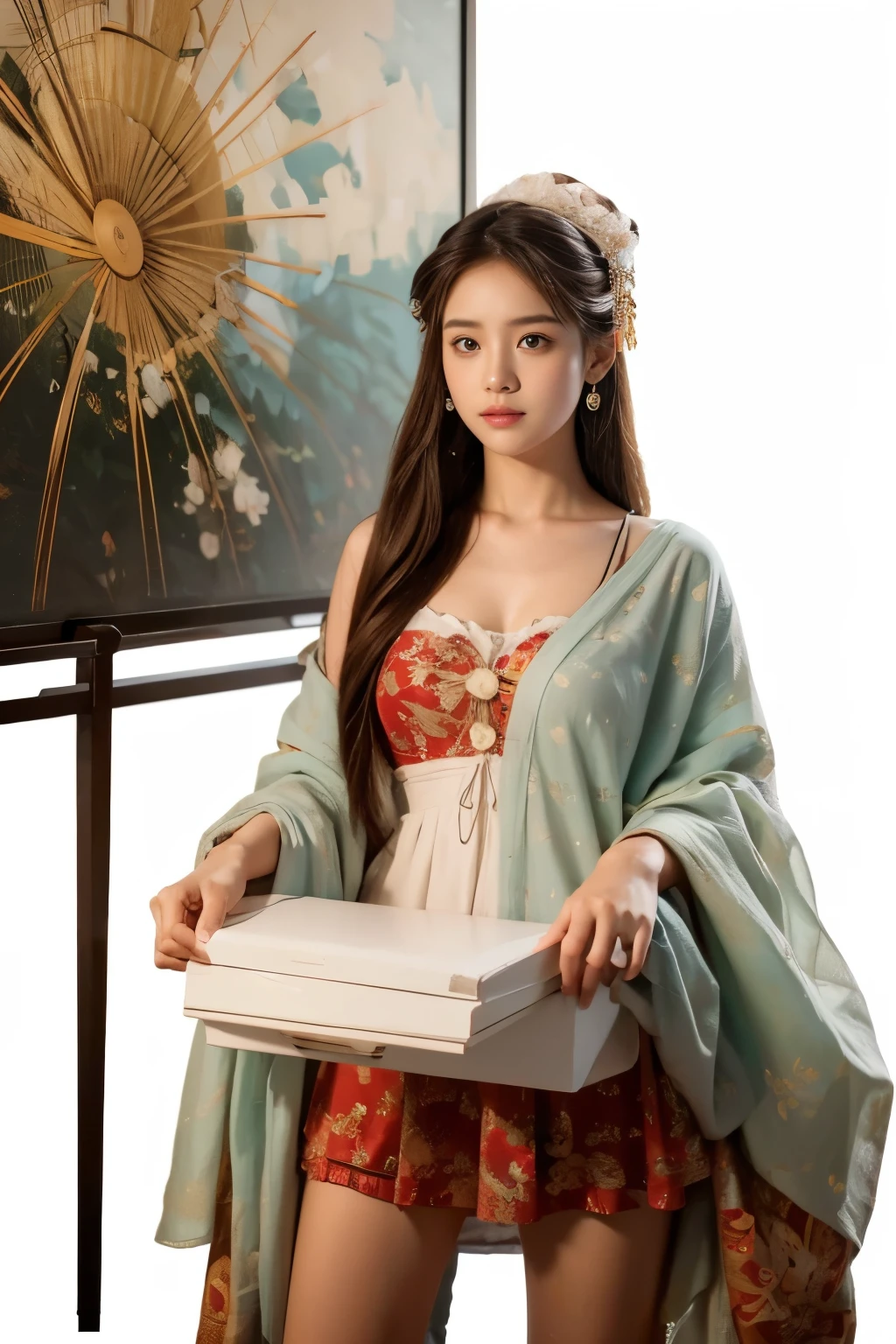 (best quality, Extremely detailed, Practical:1.37), professional, Beautiful and delicate eyes, Beautiful and delicate lips, Detailed facial features, Natural skin tone, Perfect skin texture, subtle facial expressions, High-resolution images, Practical face, Practical skin, No makeup, Natural smile, Highly detailed hair, (Mera), 18 years old, (An Asian European female college student), Showcasing her artistic talents in a creative environment. She poses with a paintbrush and palette, Dressed in bohemian clothing,Reflecting her unique style. The high-resolution image captures Extremely detailed realism, highlighting Mera's expressive eyes, Delicate lips, and perfect skin tone. Bright colors and artistic elements in the background add visual appeal, creating a visually captivating representation of Mera's artistic expression.