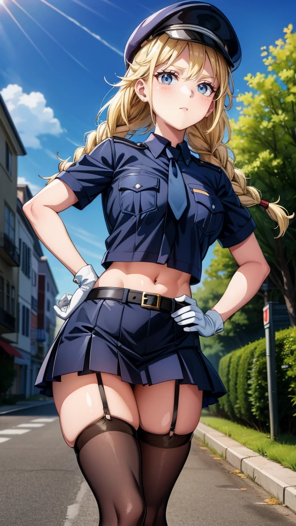 a cartoon character in a sexy outfit posing in the street with a bush, police, police uniform, 1girl, policewoman, shirt, skirt, hat, necktie, police hat, blue eyes, gloves, breasts, blonde hair, thighhighs, solo, navel, garter straps, looking at viewer, short sleeves, large breasts, underwear, miniskirt, midriff, ass visible through thighs, panties, outdoors, skindentation, braid, hand on hip, belt, black skirt, uniform, collared shirt, frown, thighs, peaked cap, crop top, black panties, blue shirt, breast pocket, v-shaped eyebrows,Eiko Tsukimi, blue eyes, braid, twin braid,blonde hair,baseball cap