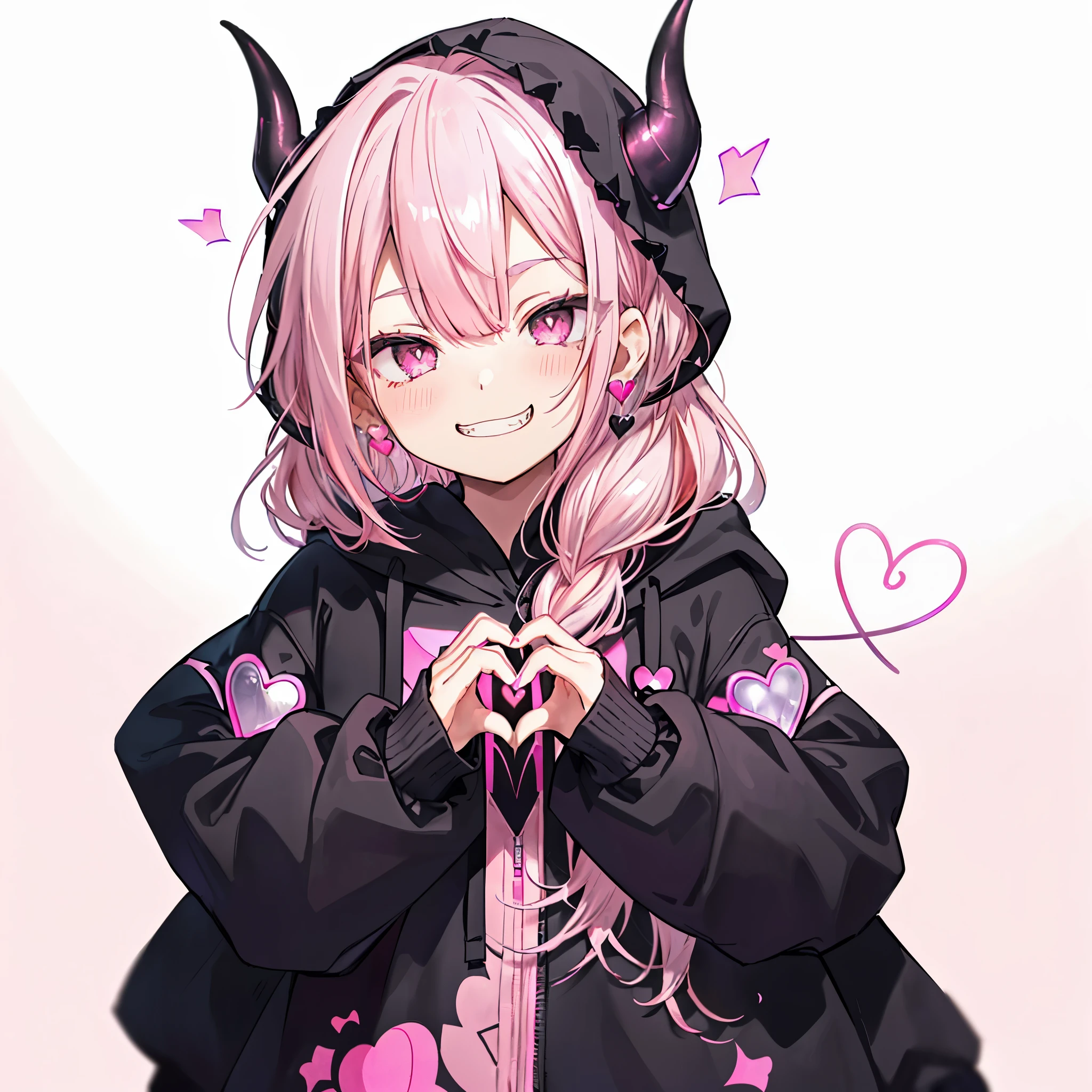 ((((Jagged　Open your mouth　Grin　Pink Background　shining heart　front))))　(((Black hoodie　Wearing a hood　Demon Horns　Heart Iris　Close-up　Pink Hair　Long Hair　Making a heart with both hands)))　((Shiny earrings　Small black ribbon))　Shining Edge　Shining Background