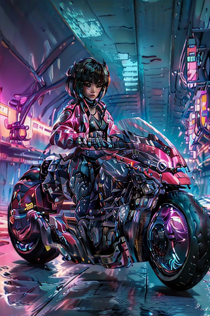 (masterpiece, best quality), female character sitting on a stationary motorcycle, cyberpunk style, leather jacket, Baggypants, short hair with vibrant highlights, confident expression, detailed futuristic motorcycle, neon accents, sleek design, high-tech elements., 