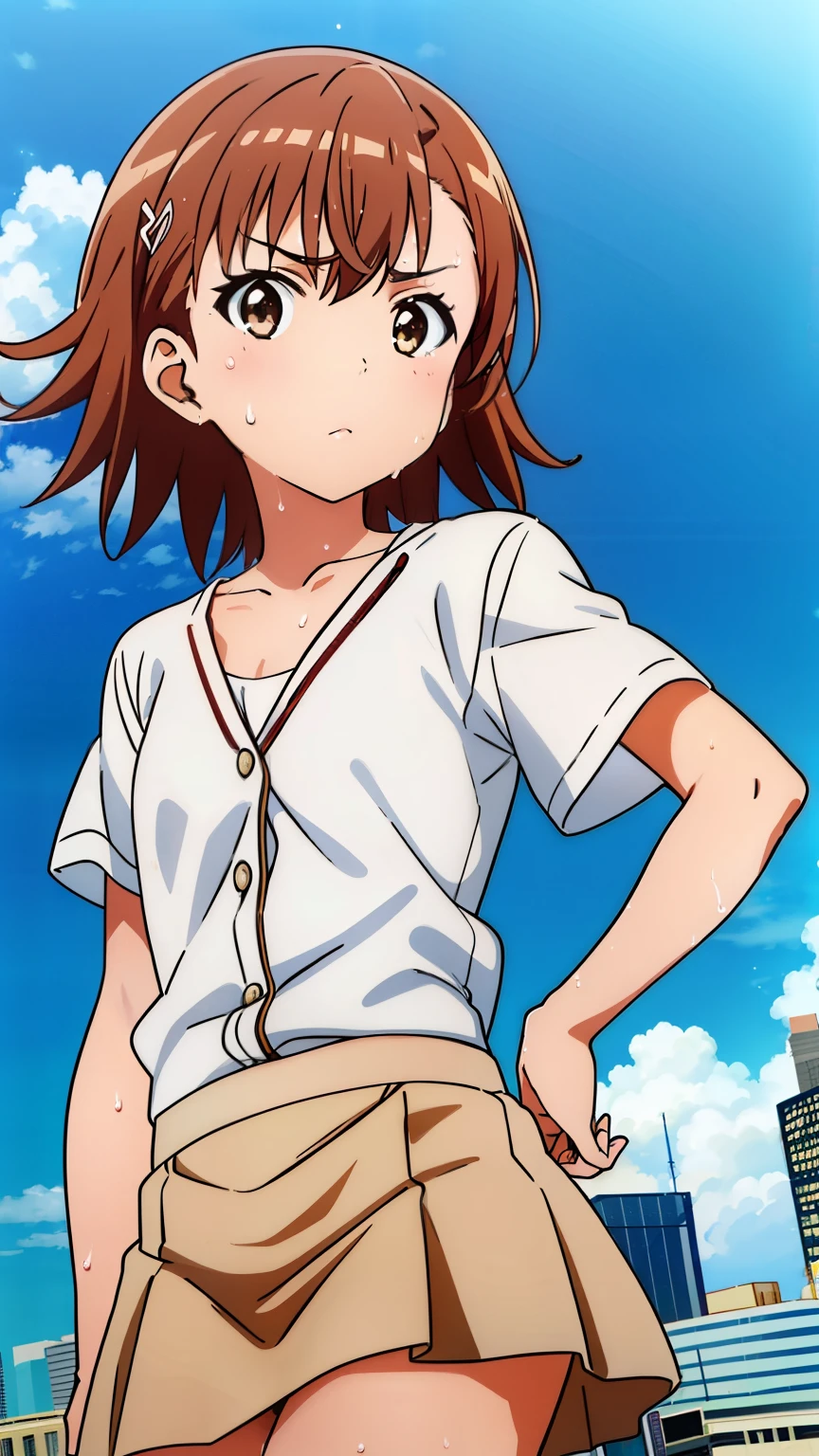 (masterpiece, best quality, 8k:1.2),Very detailed, (anime:1.1), misaka_mikoto, brown hair, short hair, hairpin, small medium breasts, 1girl, (white shirt, short sleeve shirt, unbutton, collarbone, mini skirt, sweat, summer, city), dutch angle, looking at viewer,