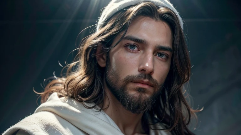 "an image of Jesus Christ in high definition, with realistic details and serene expression. Jesus is wearing a white robe and a blue cloak, with a soft, radiant celestial background. The image should capture the feeling of peace and love, with a glowing halo around your head. Details such as the texture of the clothes, beard and hair must be meticulously represented for an authentic and inspiring appearance."