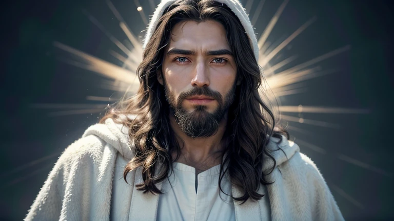 "an image of Jesus Christ in high definition, with realistic details and serene expression. Jesus is wearing a white robe and a blue cloak, with a soft, radiant celestial background. The image should capture the feeling of peace and love, with a glowing halo around your head. Details such as the texture of the clothes, beard and hair must be meticulously represented for an authentic and inspiring appearance."