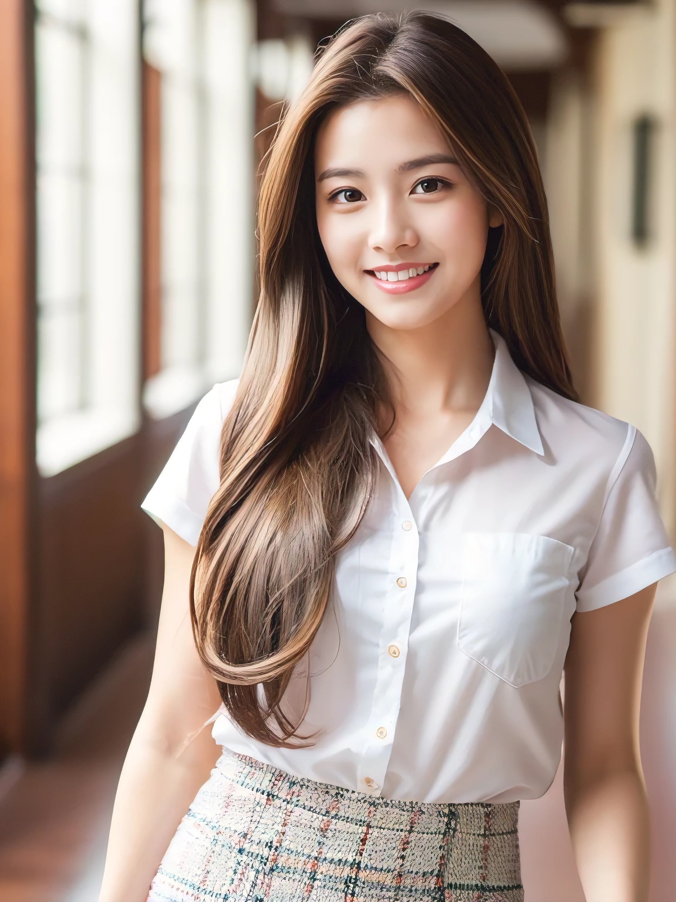 ((Highest quality, 8K, masterpiece: 1.3)), 1 Girl, smile, whole body, Slim face, Beautiful woman, ((Extra long brown hair:1.2))、White crisp shirt at upper body, The lower half is a red tweed skirt, High heels, Highly detailed face, Fine grain, double eyelid, Blurred Background, Slim face, full figure supermodel standing, entire body in frame、School teacher、In the school hallway