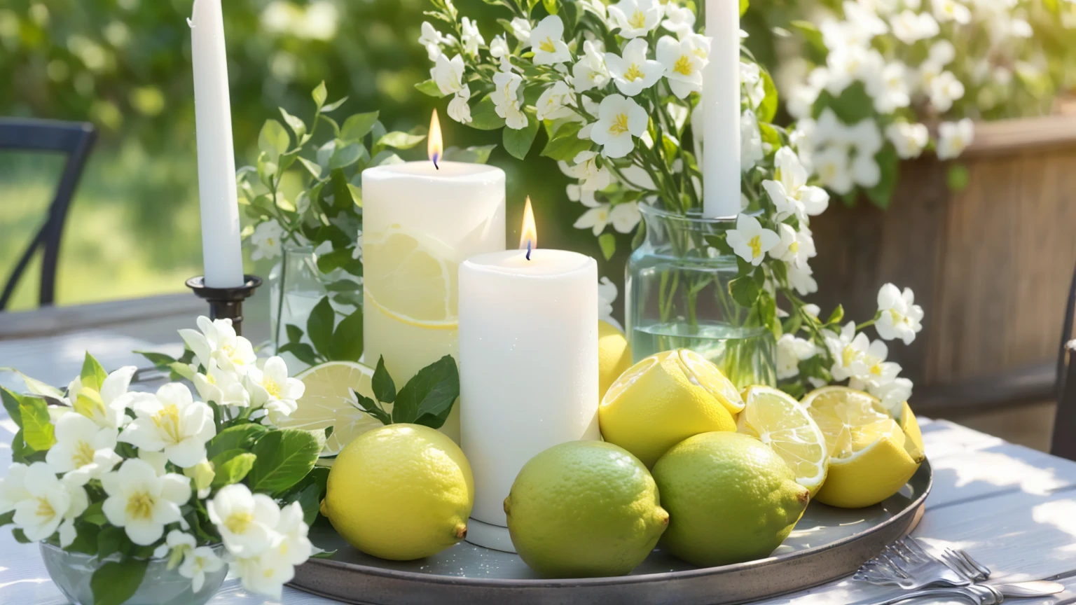there is a tray with lemon, limit, and Candles on it, white Candles, 自然なCandles照明, Candles, Centerpieces, seasonal, 🐿🍸🍋, Excellent detail, 面whiteい, lemonライト, Light green and white, bestseller, Sparkling, lemon, Sharp details, Award-winning, Awards - Awards, white, Summer mood、（K