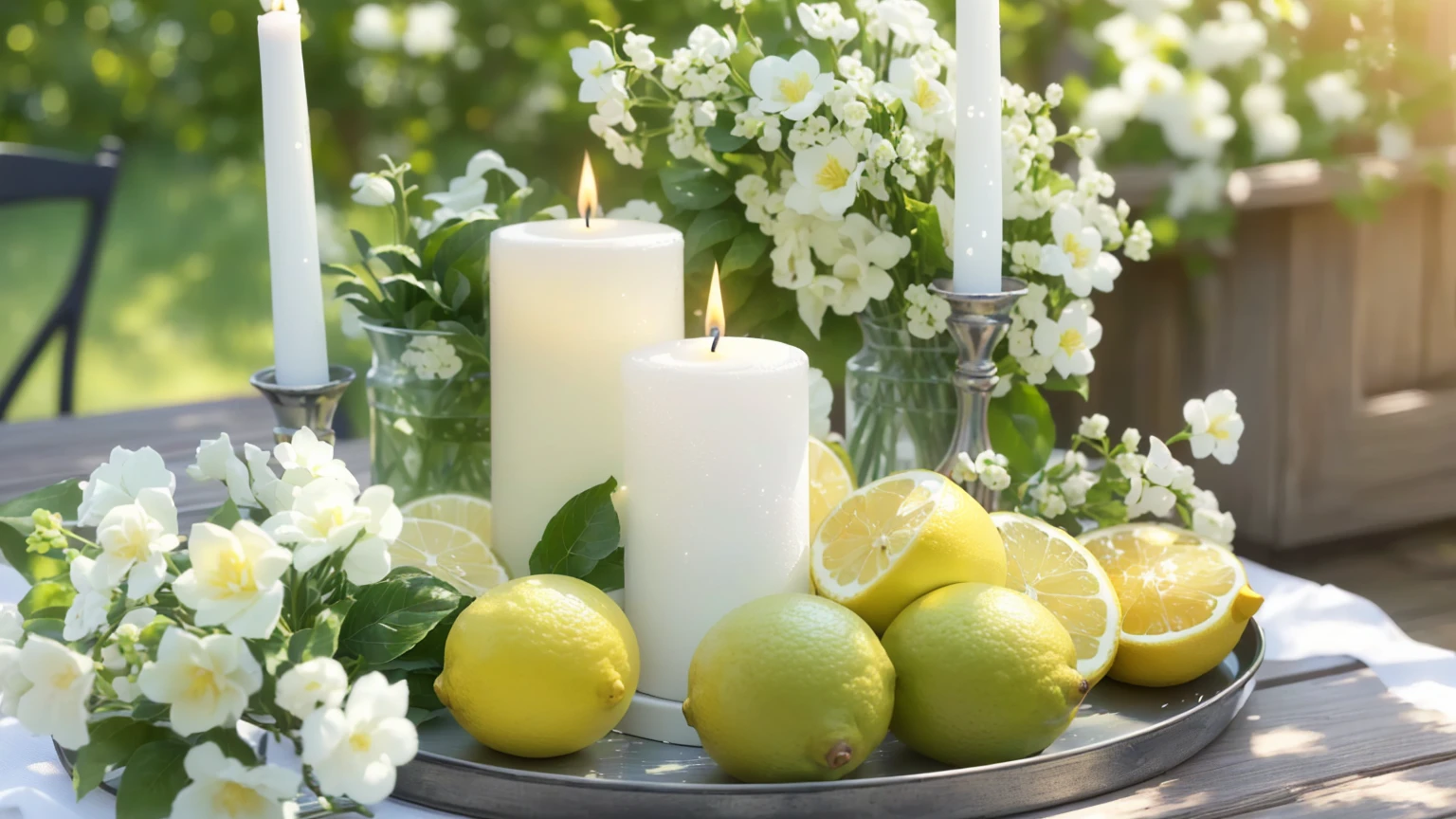 there is a tray with lemon, limit, and Candles on it, white Candles, 自然なCandles照明, Candles, Centerpieces, seasonal, 🐿🍸🍋, Excellent detail, 面whiteい, lemonライト, Light green and white, bestseller, Sparkling, lemon, Sharp details, Award-winning, Awards - Awards, white, Summer mood、(K