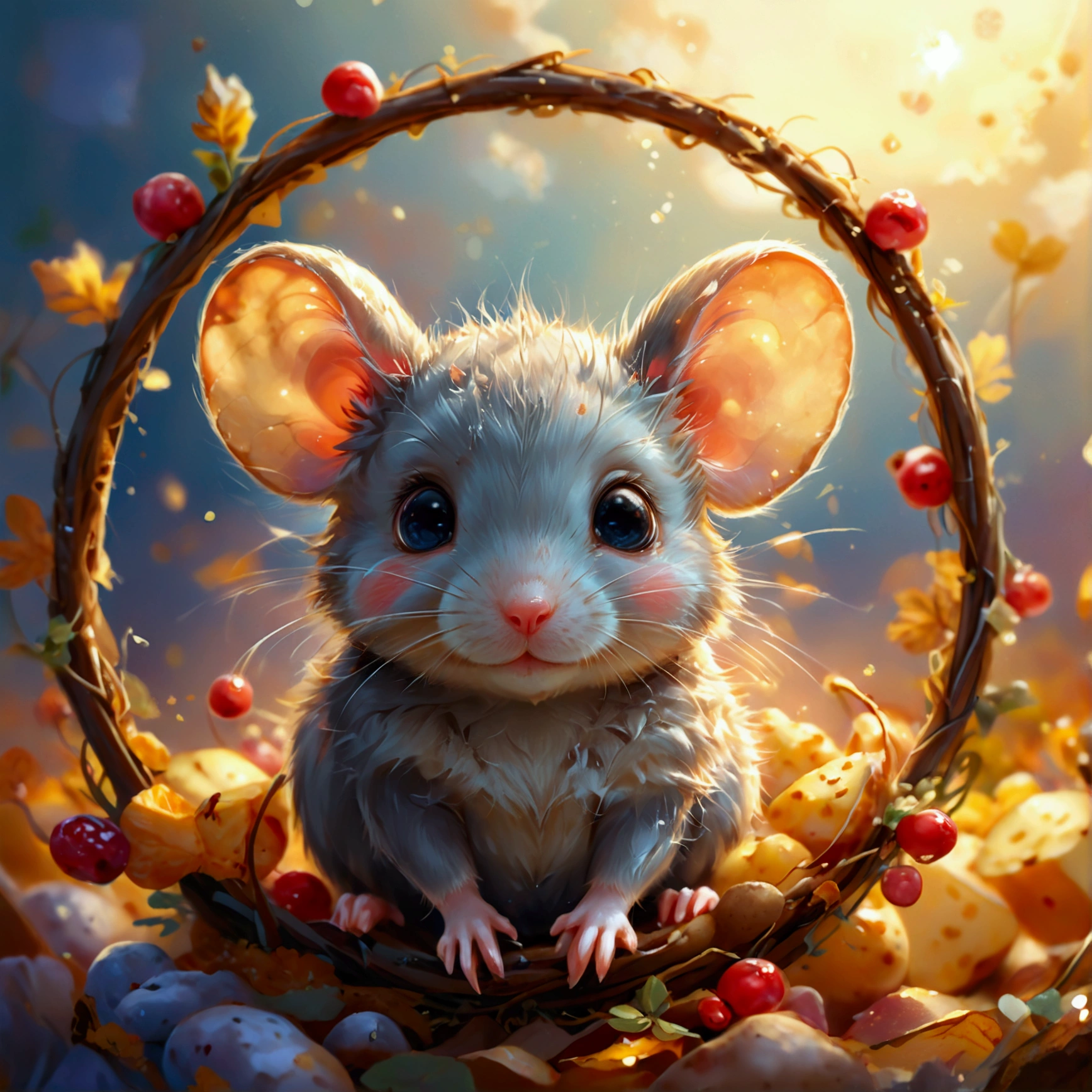 Create an illustration that meets the following conditions:。 -Create an icon with a mouse circle frame -Realistic anime style - Heartwarming characters -Potato Girl - Fantasy background -Baby mouse theme
