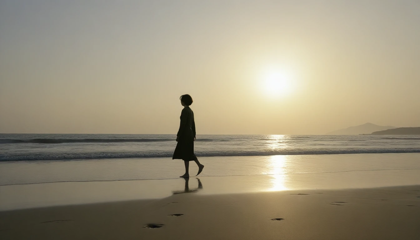 8K, Vivid picture quality, desolate long beach, Short haired woman walking from afar, sunset, alone, afternoon, depressed, tide가 밀려온다, ocean, tide, wind, short korean woman, 잔잔한 tide, bare foot