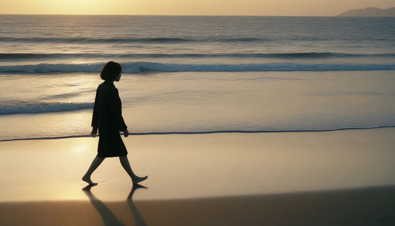 8K, Vivid picture quality, desolate long beach, Short haired woman walking from afar, sunset, alone, afternoon, depressed, tide가 밀려온다, ocean, tide, wind, short korean woman, 잔잔한 tide, bare foot