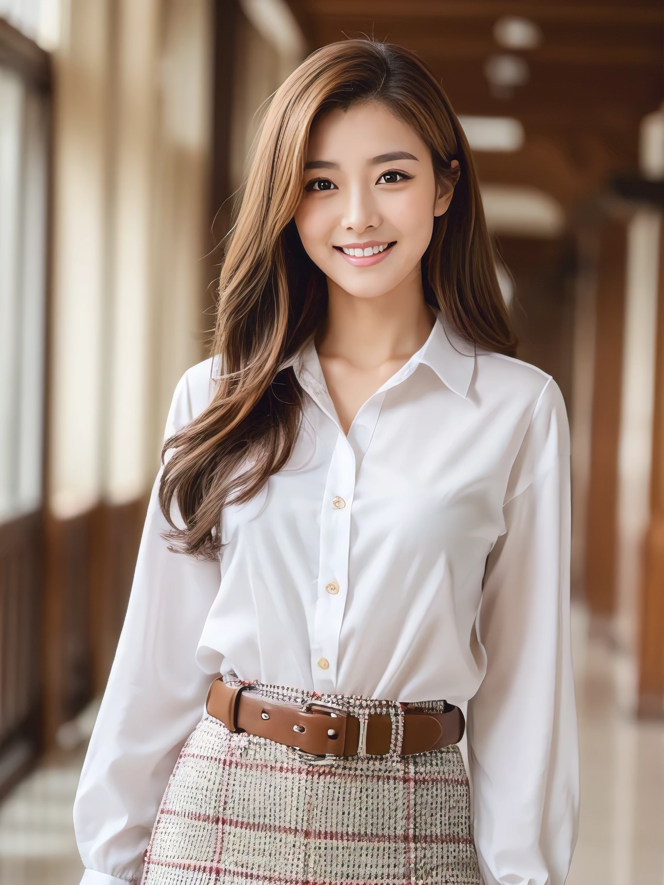 ((Highest quality, 8K, masterpiece: 1.3)), 1 Girl, smile, whole body, Slim face, Beautiful woman, ((Extra long brown hair:1.2))、White crisp shirt at upper body, The lower half is a red tweed skirt, High heels, Highly detailed face, Fine grain, double eyelid, Blurred Background, Slim face, full figure supermodel standing, entire body in frame、School teacher、In the school hallway