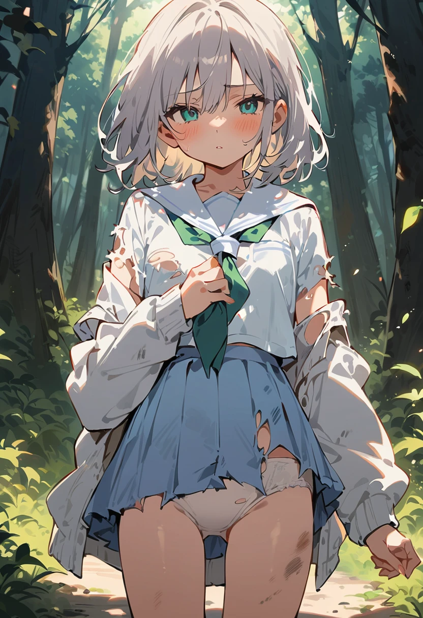 beautiful detailed girl,(masterpiece,best quality,extremely detailed:1.2),((cowboy shot:1.1)),(solo,,kawaii,slender,small breasts:1.25),(pained look:0.8),((white underwear) in ((Torn school uniform)):2),(dirty:2),blush,shy,weep,standing,(deep forest:1.5),(hug:0.4),rating: general, newest,Sexy face,baby face