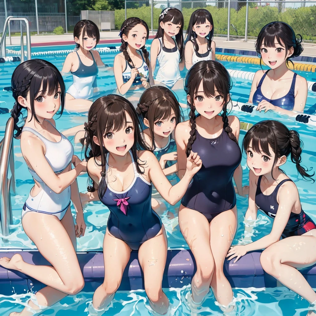 highest quality、High resolution、detailed background、masterpiece、cute10  old beautiful girl、(5 women)、navy blue school swimsuit、brown hair、black hair、braided ponytail、Each has a cute braided hairstyle、(huge breasts:1.1)、realistic images、perfect body line、thick thighs、Show the whole body、detailed face、emphasize the chest、
(Five beautiful girls wearing school swimsuits are having fun playing around in the school pool.:1.5)、
playfully splashing water on each other、happy look、smiling、open your mouth and laugh、smile、sexual expression、Swimsuit that shines when wet、The whole body is wet、my hair is wet too、cute