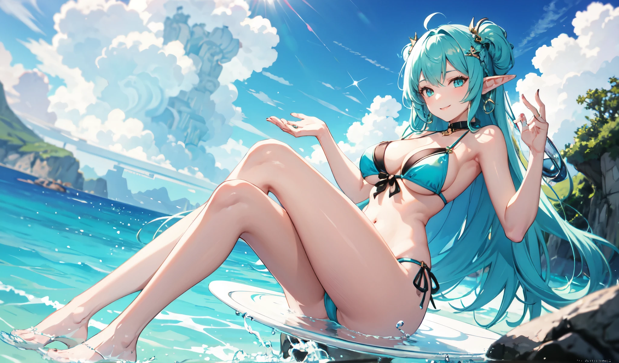 Create a high-quality anime image of a beautiful female elf character standing confidently. She has blue hair and a hair ornament. She is wearing a stylish, revealing bikini with great detail. The character is standing with her feet shoulder-width apart, holding a colorful float ring vertically in both hands. The float ring is placed on the ground, perfectly positioned so that her bikini area is visible through the ring. She is looking at you with a charming smile. The setting is a crystal clear turquoise sea. The overall atmosphere is seductive and sensual. sexy