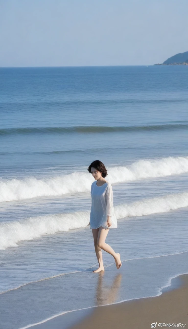 8K, Vivid picture quality, desolate long beach, A short-haired woman walking from afar, 안개낀 ocean, alone, afternoon, depressed, tide가 밀려온다, ocean, tide, wind, short korean woman, 잔잔한 tide, bare foot
