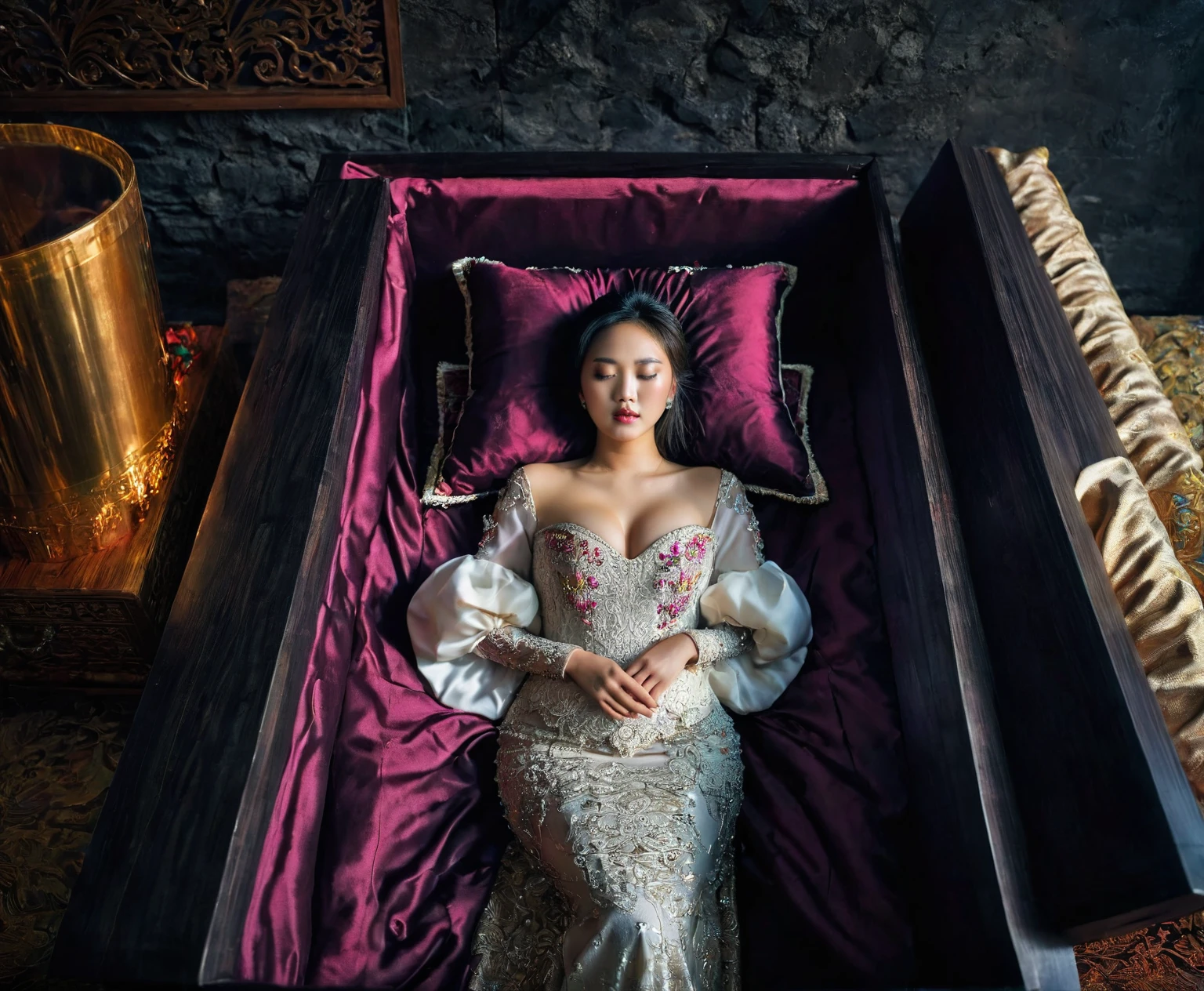 In a striking 8K HDR scene, a stunning Korean woman, 22 years old, lies peacefully in a black coffin surrounded by plush pillows. The deep box is set against a rich black background, accentuating the beauty of the subject. Her exquisite kebaya attire is embroidered with superb detail, showcasing her round and firm breasts, perfect cleavage, and beautiful eyebrows. Her closed eyes and mouth give an air of serenity, while her visible and absolute cleavage leave nothing to imagination. The scene is bathed in saturated colors, highlighting every intricate aspect from the ball skirt to her clean face, straight body, detailed hand perfect hands, straight body, own hands together, own hand on stomach, detailed hands, perfect hands.