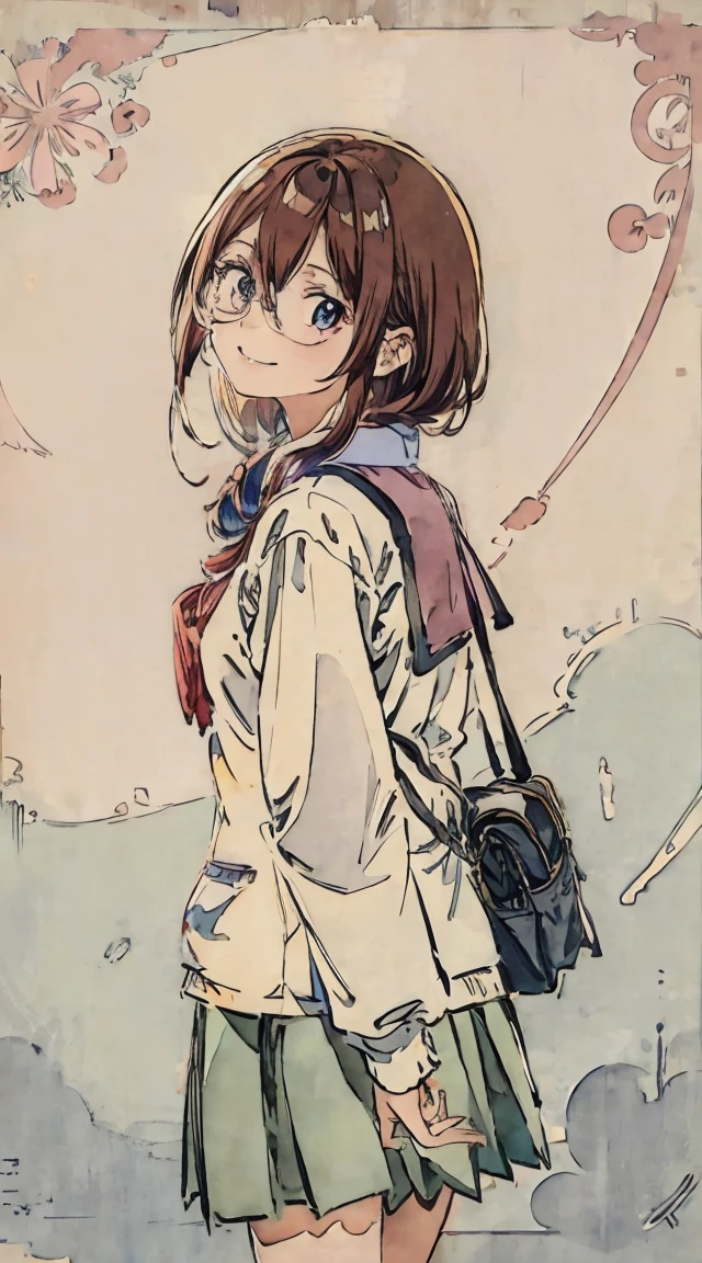 school classrooms、Watercolor style、Pale colors、hand painted style,  student、hi-school girl、School route、carrying a schoolbag、Walking Girl Japan、posterior view、Looks Back、high-school uniform、A smile、frontage、The upper part of the body、pink red Brown hair、short-hair、cowboy  shot, miku nakano