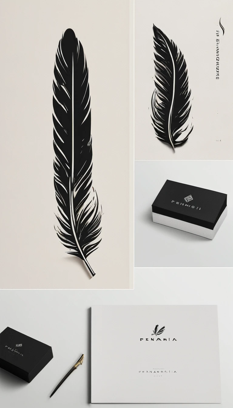 A minimal, modern, simple, cinematic logo design for the brand “Penamemoria". Create a modern, minimalistic, high-quality, logo of a feather that convey a sense of memories and dreams