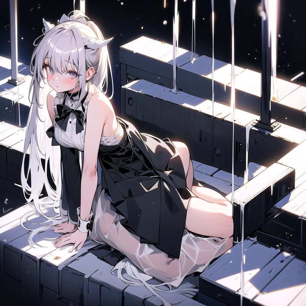 Sexy and glamorous woman、Gray eyes、Gray Hair、Long Hair、ponytail、Black Ribbon、White skin、Exposed chest、Waist exposed、See-through black clothes、Navel exposure、Transparent and sexy knee-high socks、Looking up、bed、Mystical effects、night、Maid