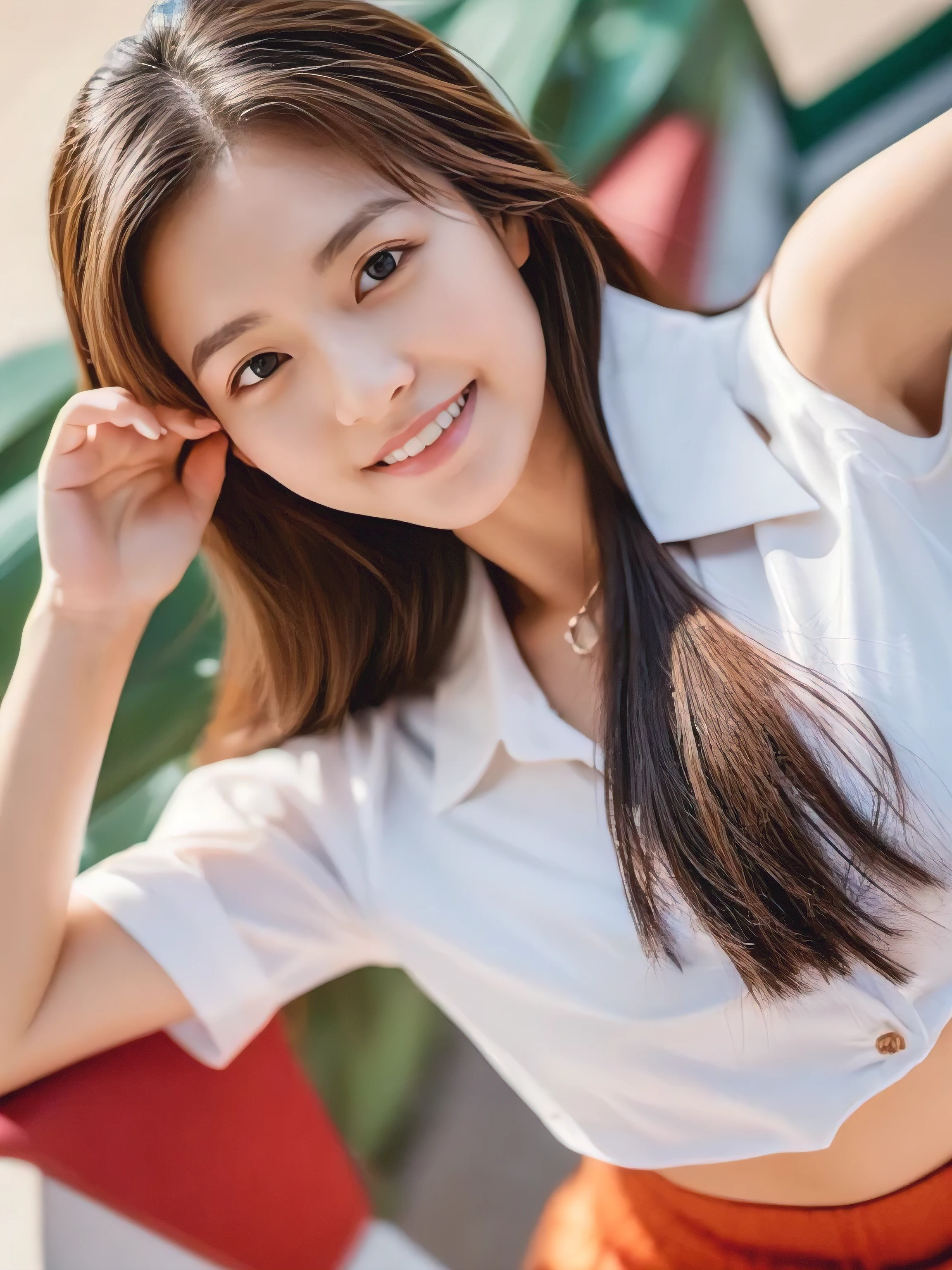 ((Highest quality, 8K, masterpiece: 1.3)), 1 Girl, smile, whole body, Slim face, Beautiful woman, ((Extra long brown hair:1.2))、White crisp shirt at upper body, The lower half is a red tweed skirt, High heels, Highly detailed face, Fine grain, double eyelid, Blurred Background, Slim face, full figure supermodel standing, entire body in frame、School teacher、In the school hallway、Place your left hand gently on your chin,((arms up:1.3)),((From an oblique angle above:1.5)),