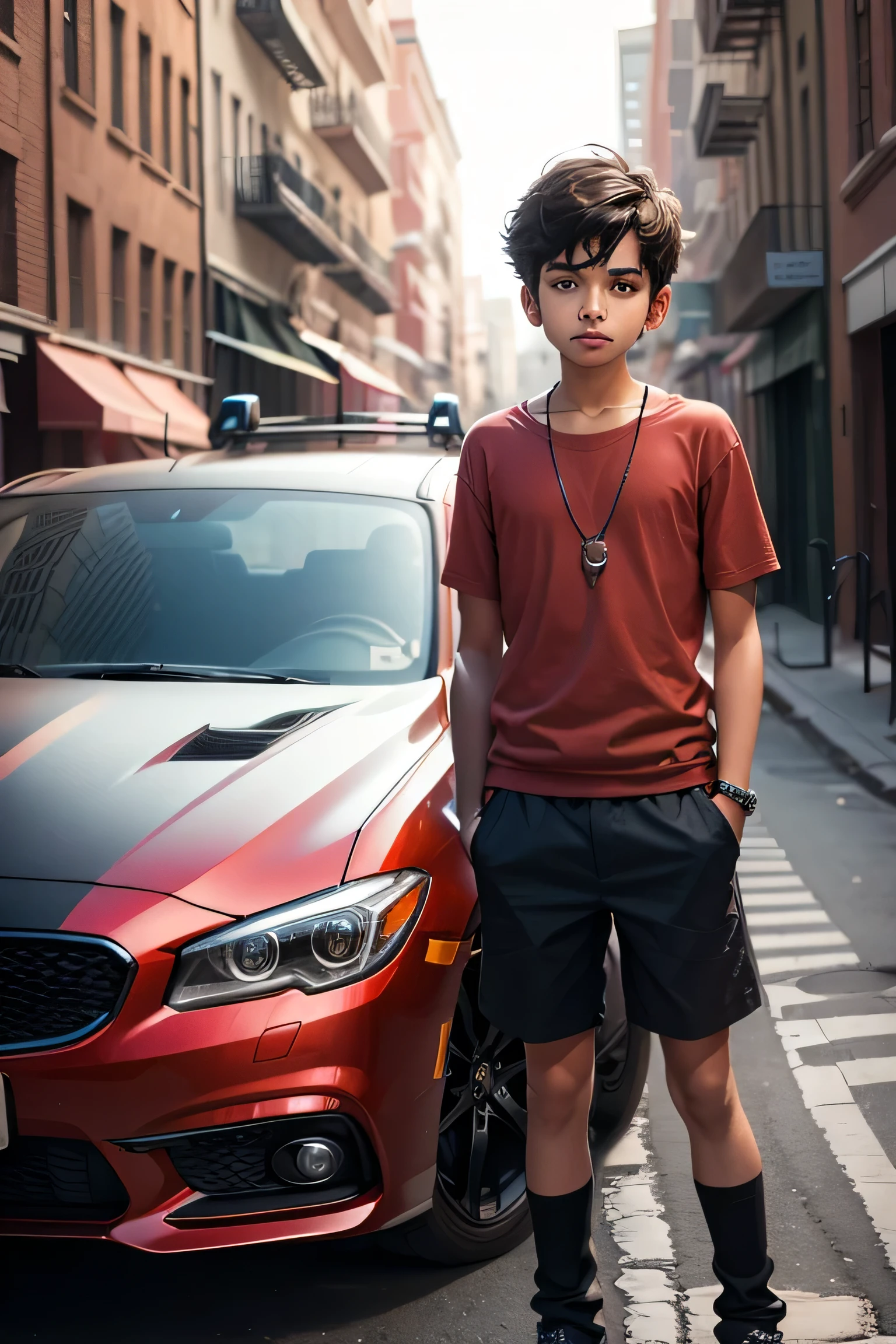 a boy with a car deink red vine street futuris tic background realisted akash