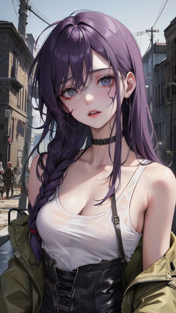 (Top resolution、Distinct_image)top-quality、A girl、​masterpiece、highly detailed, half body, Semi-realistic、grey eyes 、18year old、dark purple hair,young 、Exquisite facial features、Facial features ,variation potrait, injured, ruined city background , long  hairstyles, zombies apocalypse, teenage, cool , cold sharp eyes, survivor,war soldier, An expression of despair., Torn clothes, destroyed clothes, damaged clothing, all dirty, dirty, dirt, lifeless eyes, blood on face, , {Very detailed 8k CG unit wallpaper}, White tank top