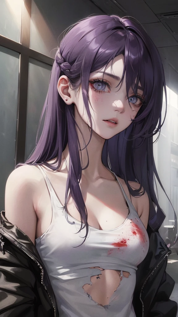 (Top resolution、Distinct_image)top-quality、A girl、​masterpiece、highly detailed, half body, Semi-realistic、grey eyes 、18year old、dark purple hair,young 、Exquisite facial features、Facial features ,variation potrait, injured, ruined city background , long  hairstyles, zombies apocalypse, teenage, cool , cold sharp eyes, survivor,war soldier, An expression of despair., Torn clothes, destroyed clothes, damaged clothing, all dirty, dirty, dirt, lifeless eyes, blood on face, , {Very detailed 8k CG unit wallpaper}, White tank top