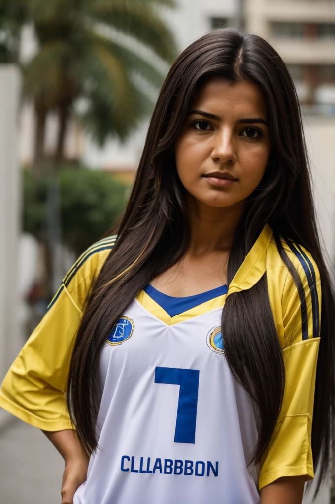 Girl with long hair wearing the Colombian shirt number 7 and saying the name Lucía Escobar on the back