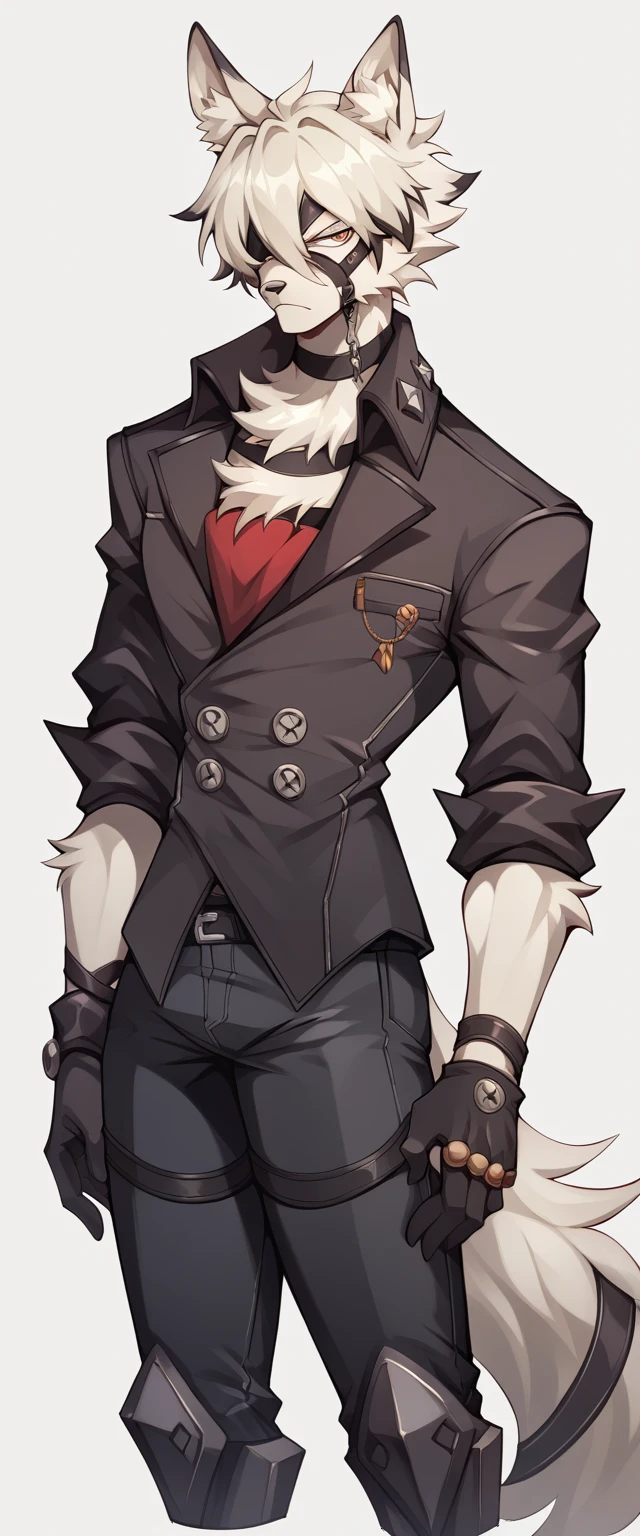 From_Lycaon_(priceless_Zone_Zero), fluffy, male, male chest, thin waist, hips, standing, black jacket, black trousers, механические бFromинки, золFromые часы в кармане, gloves, 