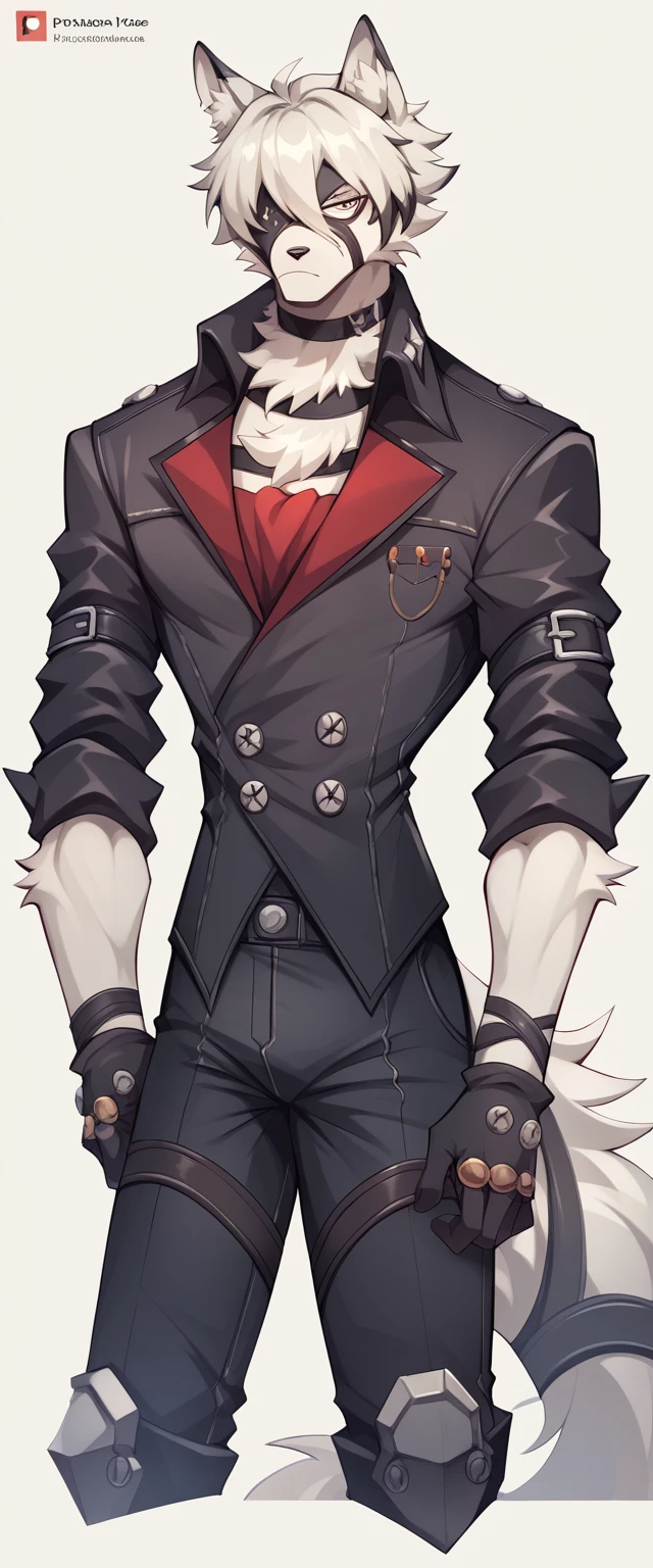 From_Lycaon_(priceless_Zone_Zero), fluffy, male, male chest, thin waist, hips, standing, black jacket, black trousers, механические бFromинки, золFromые часы в кармане, gloves, 