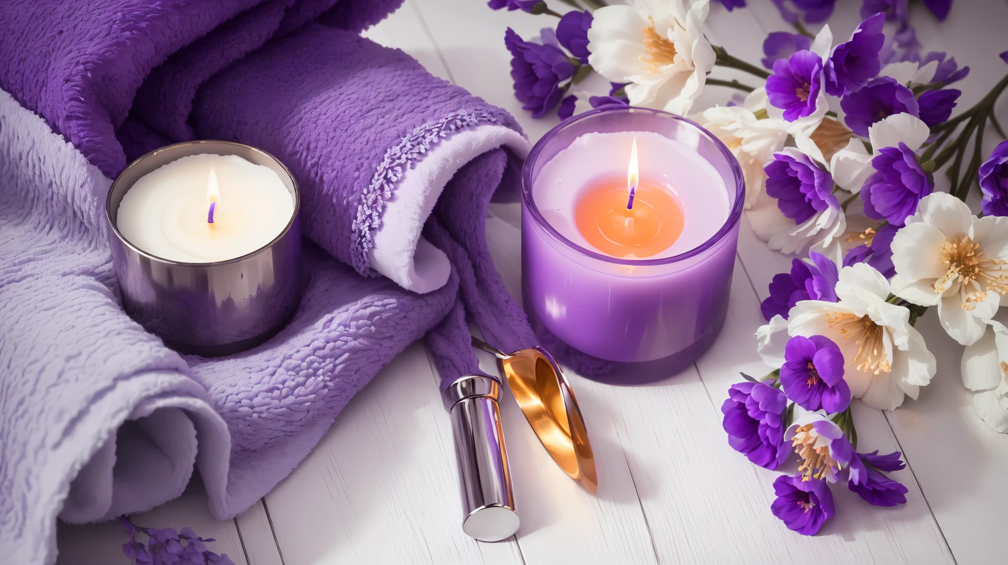 On a white table decorated with purple flowers、Purple towels and candles are placed on the floor., Purple Theme, Purple Theme, purple themed, Violet Theme, Purple color scheme, orange and Purple color scheme, Purple accents, Beautiful shots, Purple glow, Romantic atmosphere, Shiny purple, A vibrant scene, Vibrant atmosphere, Purple color scheme, soft Purple glow, Violet color scheme、8K