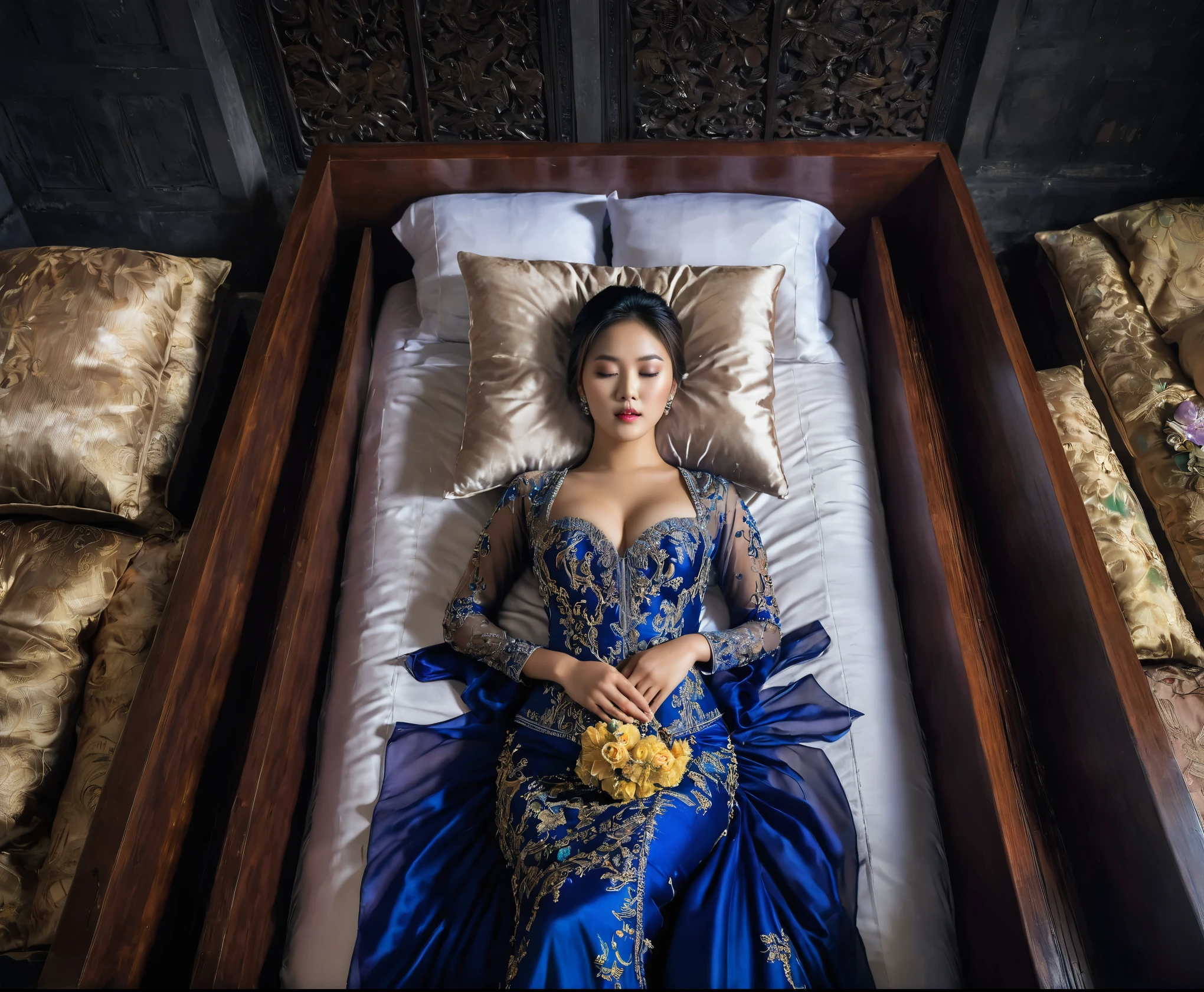 In a striking 8K HDR scene, a stunning Korean woman, 22 years old, lies peacefully in a black coffin surrounded by plush pillows. The deep box is set against a rich black background, accentuating the beauty of the subject. Her exquisite kebaya attire is embroidered with superb detail, showcasing her round and firm breasts, perfect cleavage, and beautiful eyebrows. Her closed eyes and mouth give an air of serenity, while her visible and absolute cleavage leave nothing to imagination. The scene is bathed in saturated colors, highlighting every intricate aspect from the ball skirt to her clean face, straight body, detailed hand perfect hands, straight body, own hands together, own hand on stomach, detailed hands, perfect hands.