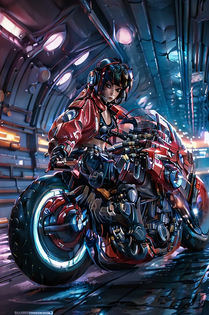 (masterpiece, best quality), female character sitting on a stationary motorcycle, cyberpunk style, leather jacket, Baggypants, short hair with vibrant highlights, confident expression, detailed futuristic motorcycle, neon accents, sleek design, high-tech elements., 