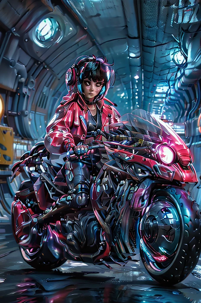 (masterpiece, best quality), female character sitting on a stationary motorcycle, cyberpunk style, leather jacket, Baggypants, short hair with vibrant highlights, confident expression, detailed futuristic motorcycle, neon accents, sleek design, high-tech elements., 