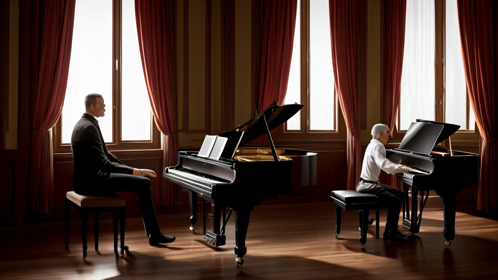 man sitting at the piano in a room with a window, pianist, Grand piano, promo art, masterful composition, Marechal Andrzej, promo image, Carlos, Michael McDonald •, play piano, pianos, piano, gerard kravchuk, full piano, attractive man play piano, Vladimir Krisetskiy, Ralph Goings, promo photo