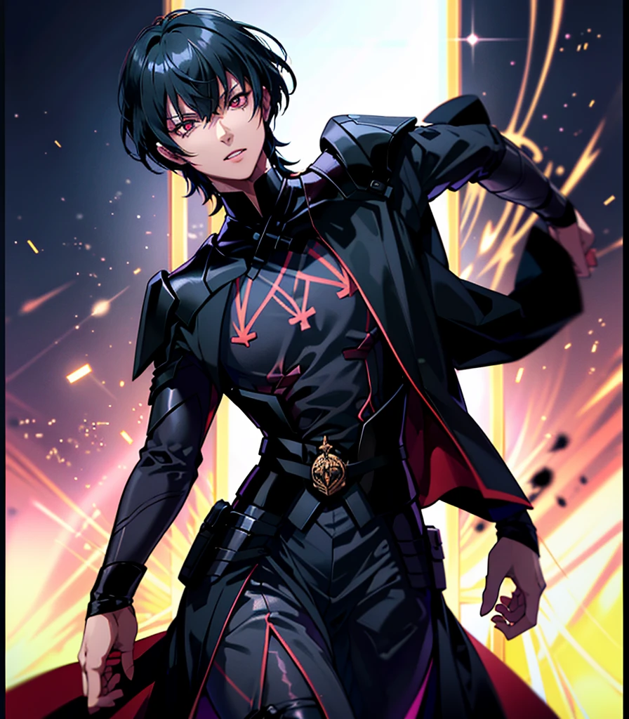 1 person, good looking, expensive, Dark brown skin, Black Hair, Red eyes, Science fiction, Wearing a black military uniform, Completely isolated on a pitch black background, High resolution, Super sharp, 8K, masterpiece, View your viewers, High resolution, Sharp focus, Absurd, Bokeh,Byleth