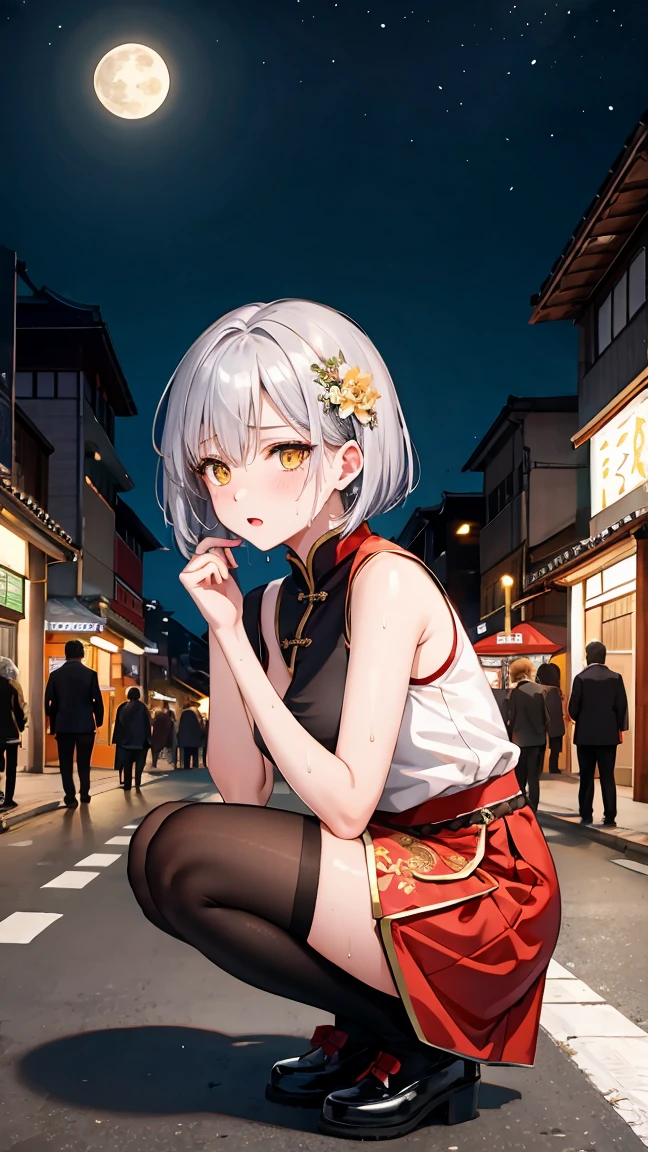 young girl 16 years old, short silver bob hair, hair flower, sharp bangs between the eyes, yellow eyes, eyes large, provocative look, obscene expression, notable physical features, traditional chinese imperial clothes black with gold details, red skirt, black thigh high socks., half-sided angle, crouched in the street. japanese city, outdoor city, city at night, with full moon in the background, light reflecting on the sexy and sweaty body. (((sweat))) (work of art:1.2,) (best qualityer.)