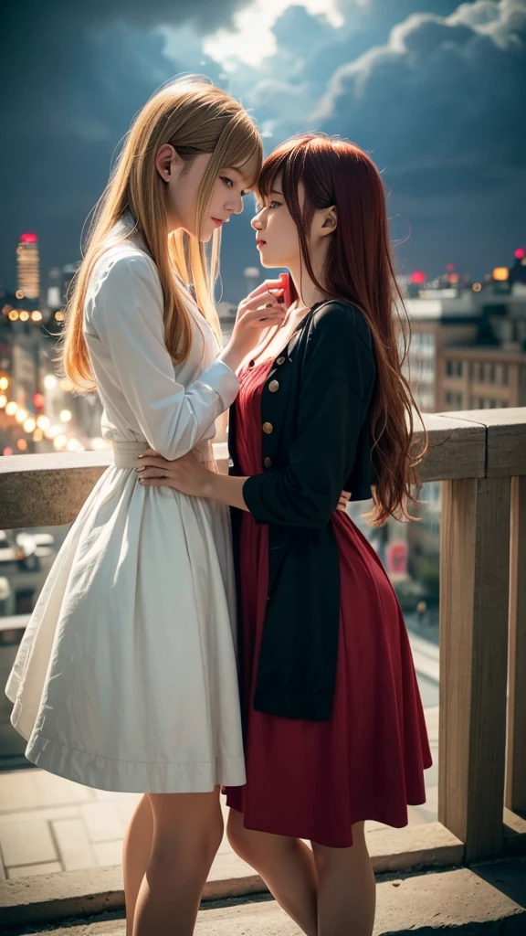(Natural strawberry blonde and redhead girls with pretty faces), Cute pose, wearing a button dress, Atmospheric, Dark atmosphere, Edge lighting, Sayaka Yamamoto, Saito Asuka, Mao Akiyama's facial features, 8K, Full 体 portrait, Elegant outfit, Natural light, Spooky greenhouse at night, (Ultra-detailed eyes and face:1.3, Professional photography techniques), (Beautiful small face, beautiful girl, high , Idol Face, Baby Face:1.4)Happy, K UHD, Beautiful and soft skin, Vibrant Skin, blush, (Chirarizum:1.3, Unbutton the dress:1.5), ((Beautiful breasts:1.3, Cleavage)), (Small beautiful butt), (Detailed hands:1.2, The optimal ratio is four fingers to one thumb), Perfect proportions, (Perfect Anatomy:1.3), (Highest quality, Masterpiece, Highest quality, Ultra high definition, Photorealism:1.4), ((Kiss on the lips)), (Beautiful hair blowing in the wind:1.4)