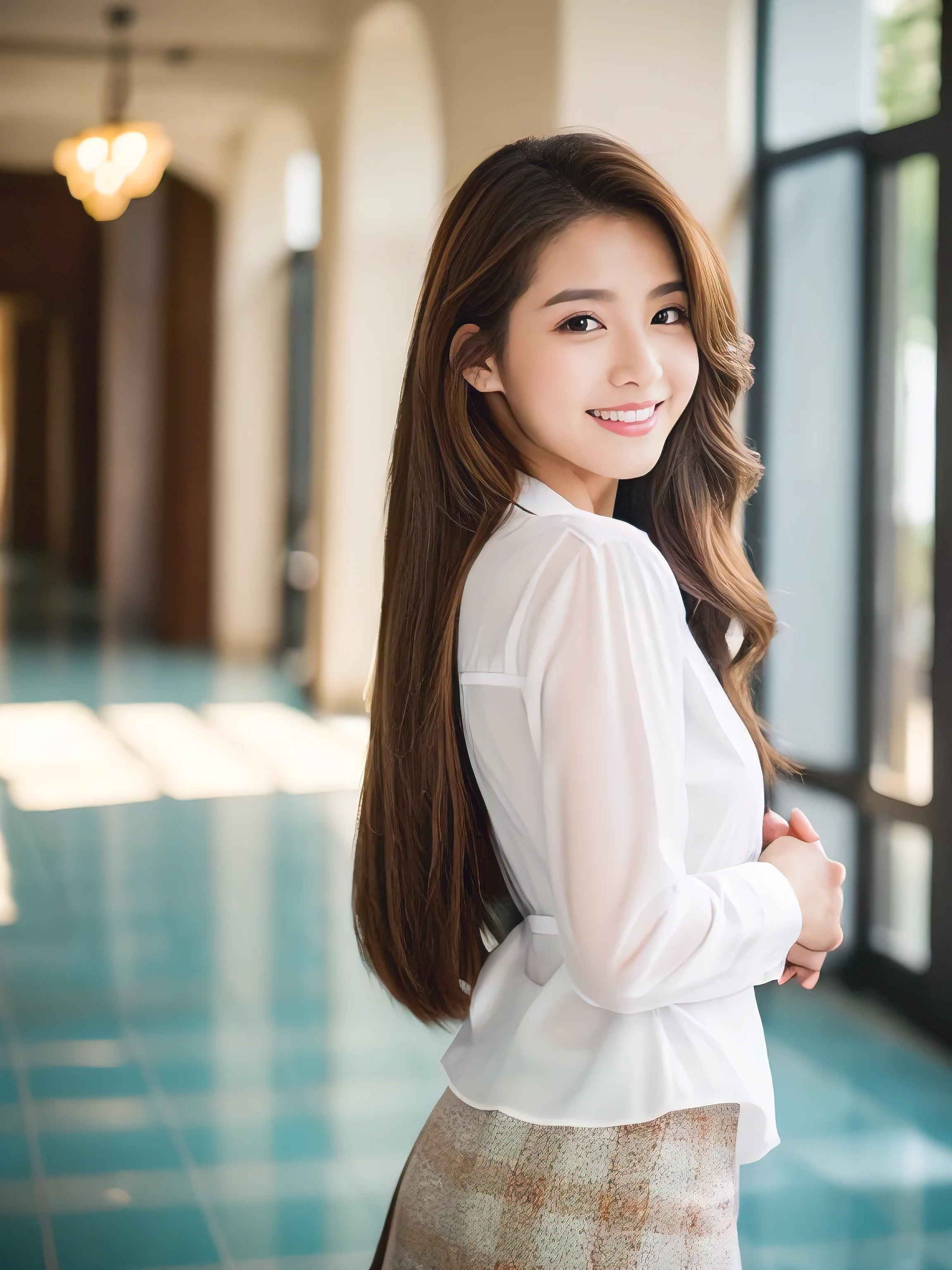 ((Highest quality, 8K, masterpiece: 1.3)), 1 Girl, smile, whole body, Slim face, Beautiful woman, ((Extra long brown hair:1.2))、White crisp shirt at upper body, The lower half is a red tweed skirt, High heels, Highly detailed face, Fine grain, double eyelid, Blurred Background, Slim face, full figure supermodel standing, entire body in frame、School teacher、In the school hallway、((hands behind back:1.3)),