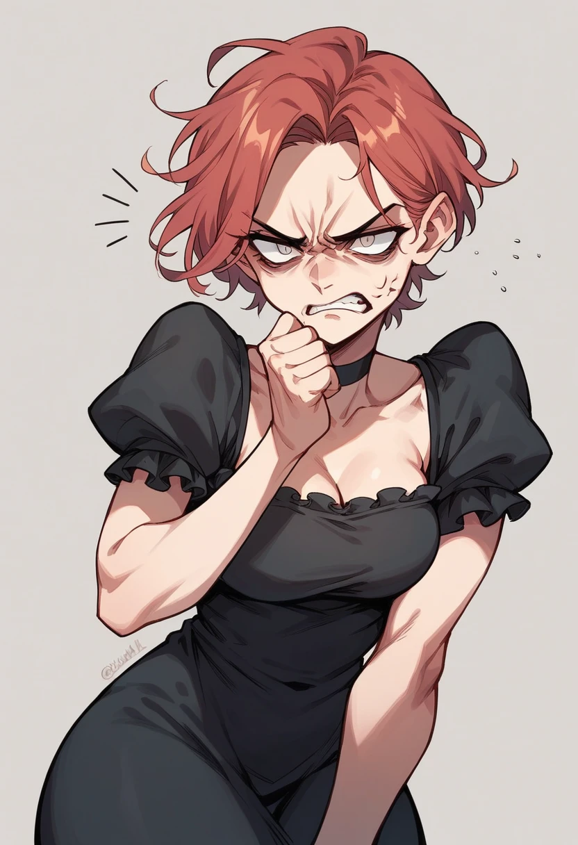 girl, black dress, annoyed, light eyes, rage