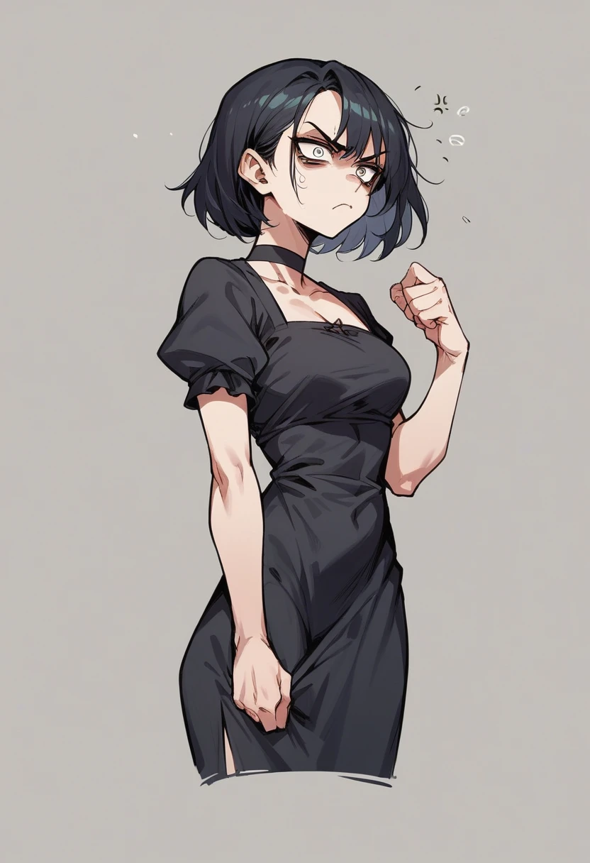 girl, black dress, annoyed, light eyes, rage