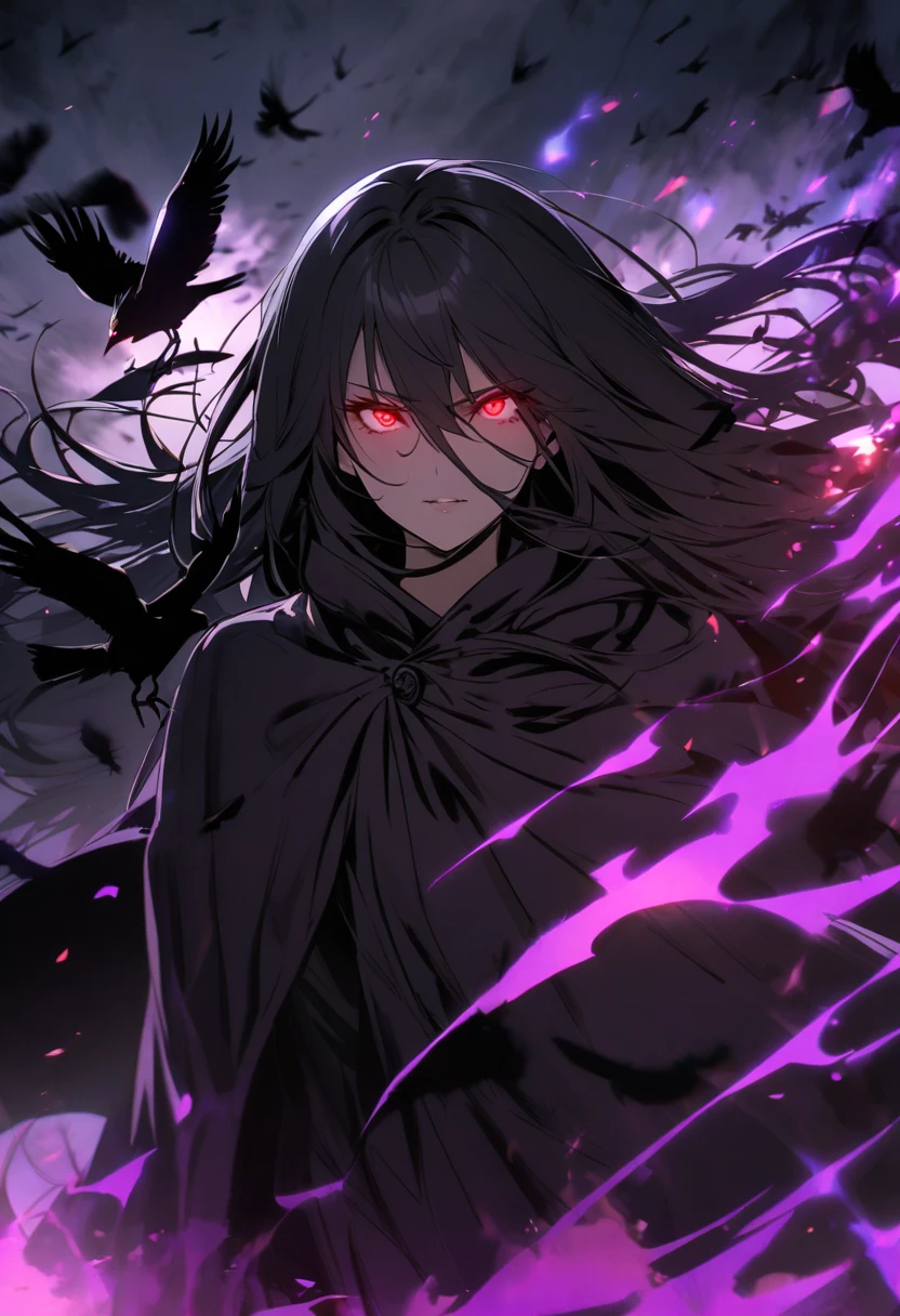 girl, mature, crows, red eyes, black hair, glowing eyes, dark aura, cloak, long hair