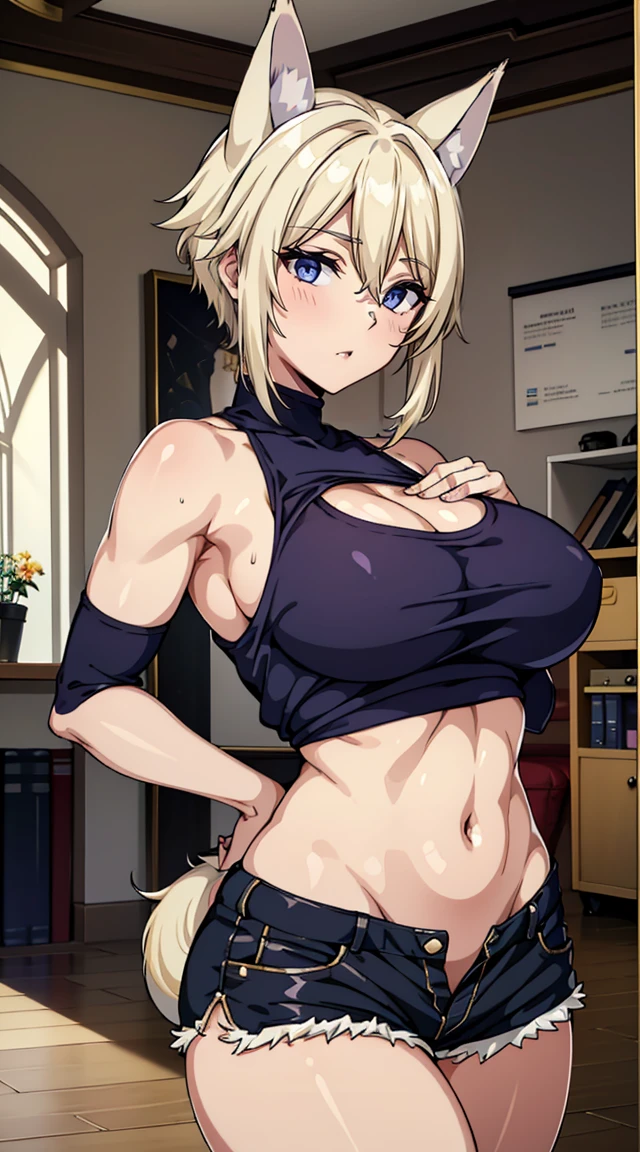 beautiful detail eyes, (realistic skin), beautiful skin,(masterpiece))), (((best quality))), ((ultra-detailed)), (highly detailed CG illustration), young girl,big breast, short blonde hair, wolf cut hair, Fox ears, violet eyes, large breast, curvy ,cleavage, navel, bare shoulders, shirt, pants, short pants, crop top, dolphin shorts, gym, indoors 