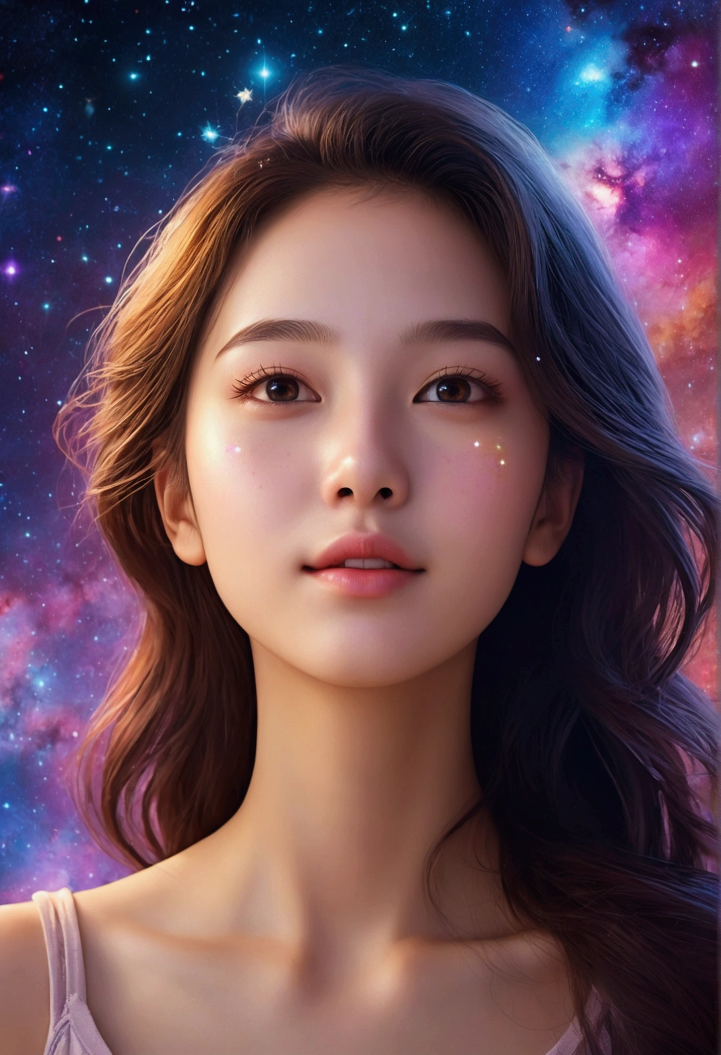 High Detail, Super Detail, Ultra-high resolution, Girl enjoying time in fantasy galaxy, Surrounded by stars, The warm light shines on her, Background is starry sky,There are colorful galaxies and galaxy clouds, Stars flew around her, Delicate face, Add a fun atmosphere , --v6,,Absolutely beautiful