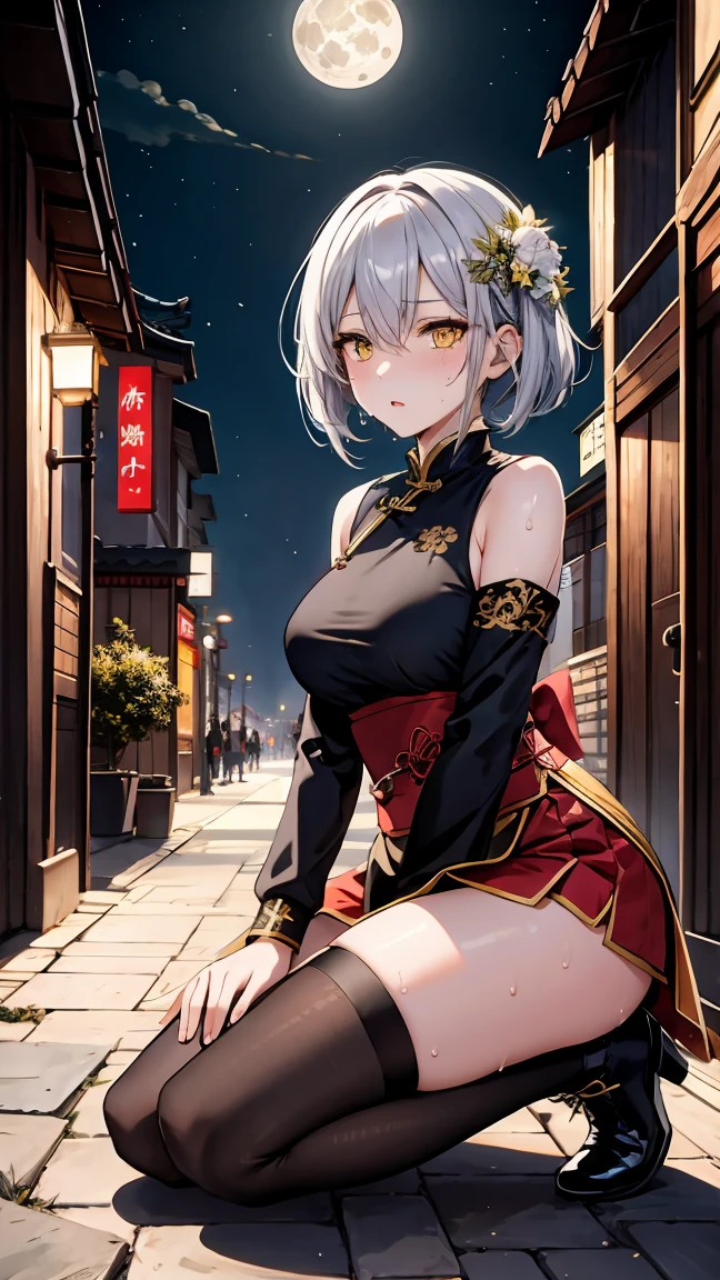 young girl ************, short silver bob hair, hair flower, sharp bangs between the eyes, yellow  eyes, eyes large, provocative look, obscene expression, notable physical features, traditional chinese imperial clothes black with gold details, red skirt, black thigh high socks., half-sided angle, crouched in the street. japanese city, outdoor city, city at night, with full moon in the background, light reflecting on the sexy and sweaty body. (((sweat))) (work of art:1.2,) (best qualityer.)