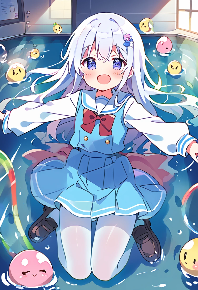 score_9, score_8_up, score_7_up, source_アニメ, masterpiece, 1girl, work, school uniform, blue dress, sailor dress, pinafore dress, white sailor collar,white shirt, red bowtie, long sleeves, flat chest, white pantyhose, loafers, full body, looking at viewer, indoors, open mouth, shiny hair, smile, Open your mouth, cuteポーズ, (Completely flooded)、Immersed in water、Transparent pool, Water Play, Primary school students、Skirt fully open、Long wide skirt、cute、blush、Watery eye、Lots of water、Wet、((The skirt spreads over the water surface.))、(Drowning)、