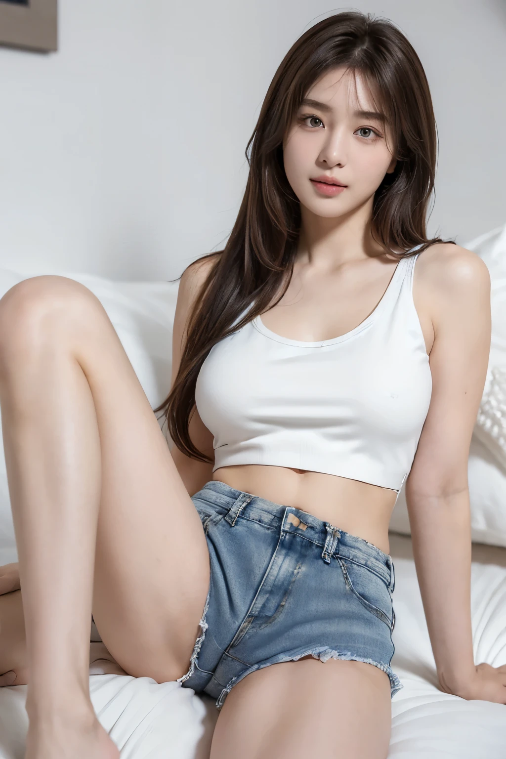 ((Panty shot:1.5)) ((Big Breasts:1.2)) ((On the bed:1.2)) ((Sleep:1.5)) ((Denim shorts:1.2)) ((close:1.2)) ((Flat stomach:1.2)) Highest quality,masterpiece,Ultra-high resolution,(Realistic:1.4),RAW Photos,(Real skin texture:1.3),(Film Grain:1.3),Panorama,Character Portrait,Very wide shot,Tight waist,Cowboy Shot,(In the Dark, Deep Shadow, Modest, Cold Light,) night,(()),Tears flow,,Dust,Tyndall effect,(Performance),One girl,Beautiful and detailed eyes and face,White Jabot,Brown eyes,((White tank top:1.3)) ((Stylish bedroom:1.4)) ((Brown Hair:1.2)) ((Long Hair)) ((Half French、Half Korean:1.3)) ((At my house:1.2)) ((Leg spread:1.3))